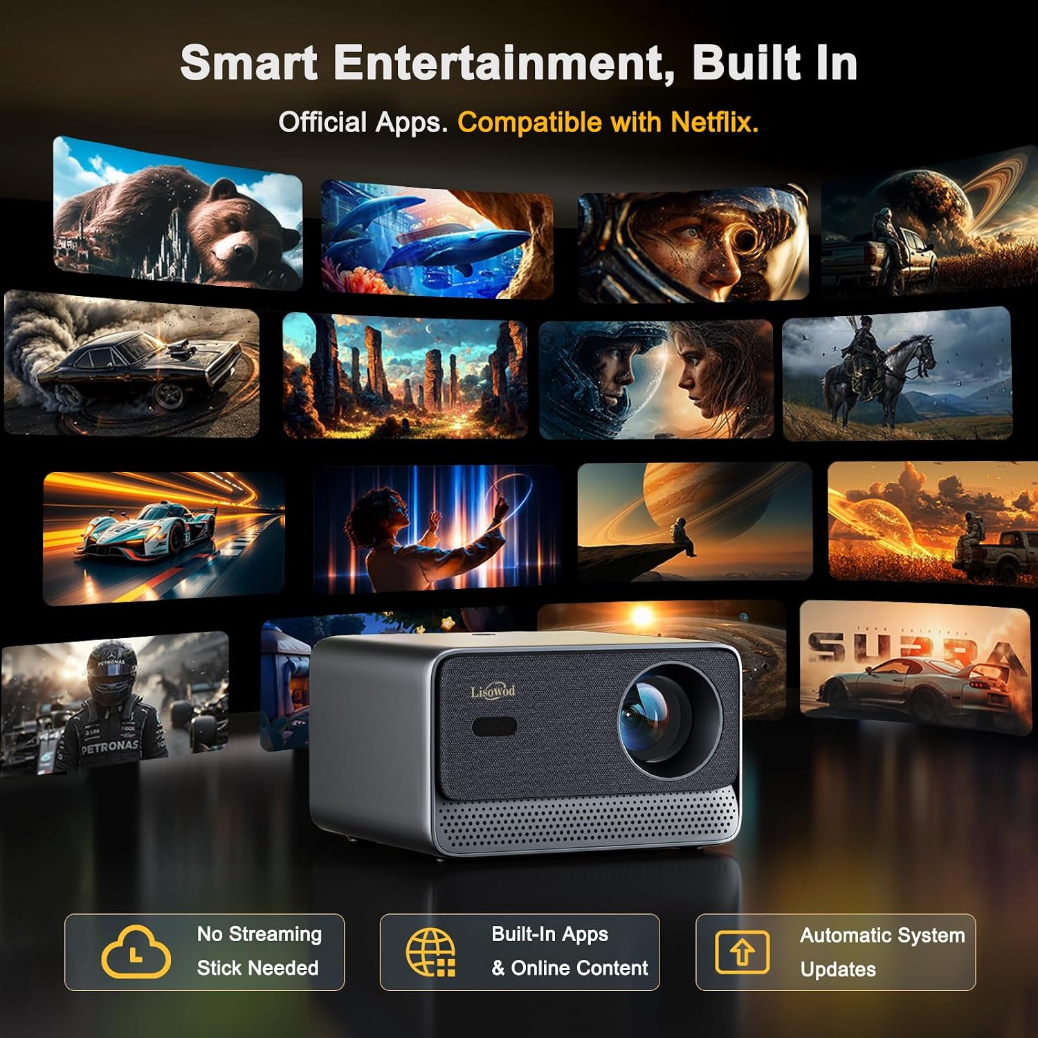 Detalle de Lisowod L03Pro Smart Projector, Native 1080p, 4K Input, 40W Dolby Audio