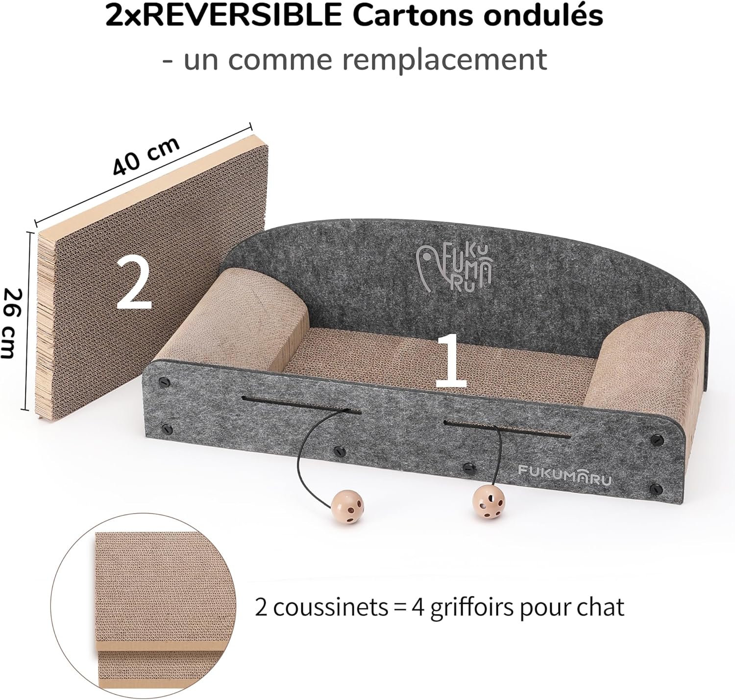 Thumbnail 3 de FUKUMARU Grattoir pour chat de 66 cm en carton recyclable – grande chaise longue, 2 griffoirs réversibles