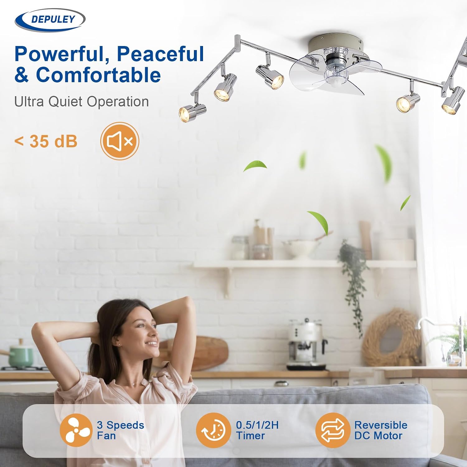 Detalle de Depuley Ceiling Fan with Track Lighting: Chrome 6-Light Track Light and Fan Combo for Bedroom