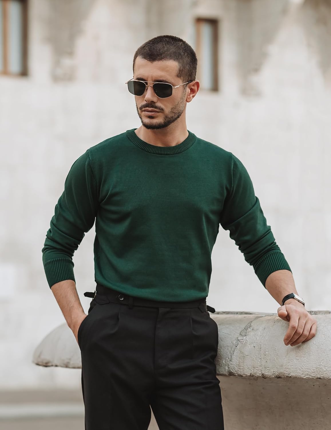 Detalle de COOFANDY Herren Pullover Rundhals Strickpullover