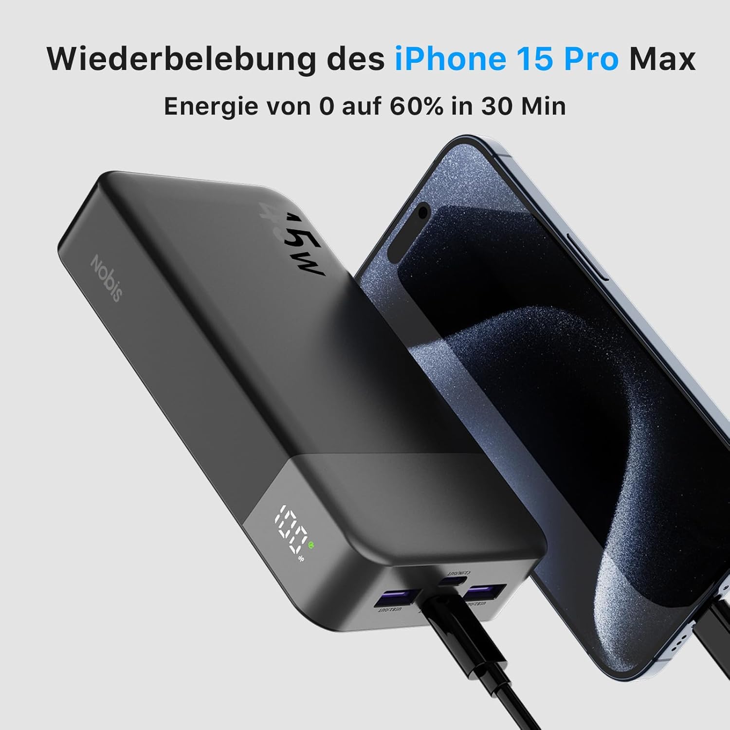 Thumbnail 1 de NOBIS Power Bank 20.000 mAh mit 45 W Schnellladen und LED-Display (C-zu-C), schwarz
