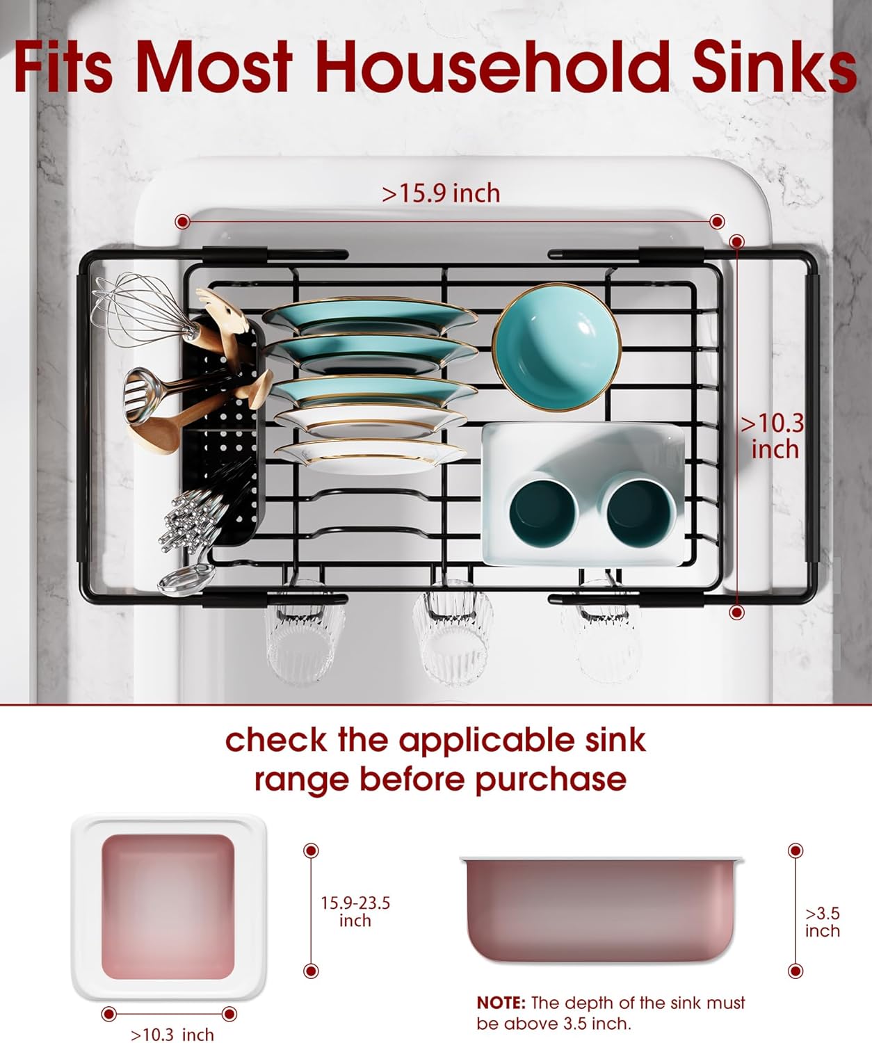 Thumbnail 2 de Sakugi Dish Drying Rack in Sink (Expandable Stainless Steel) with Cutlery Holder, Cup Holders, and Drain Strainer, Black