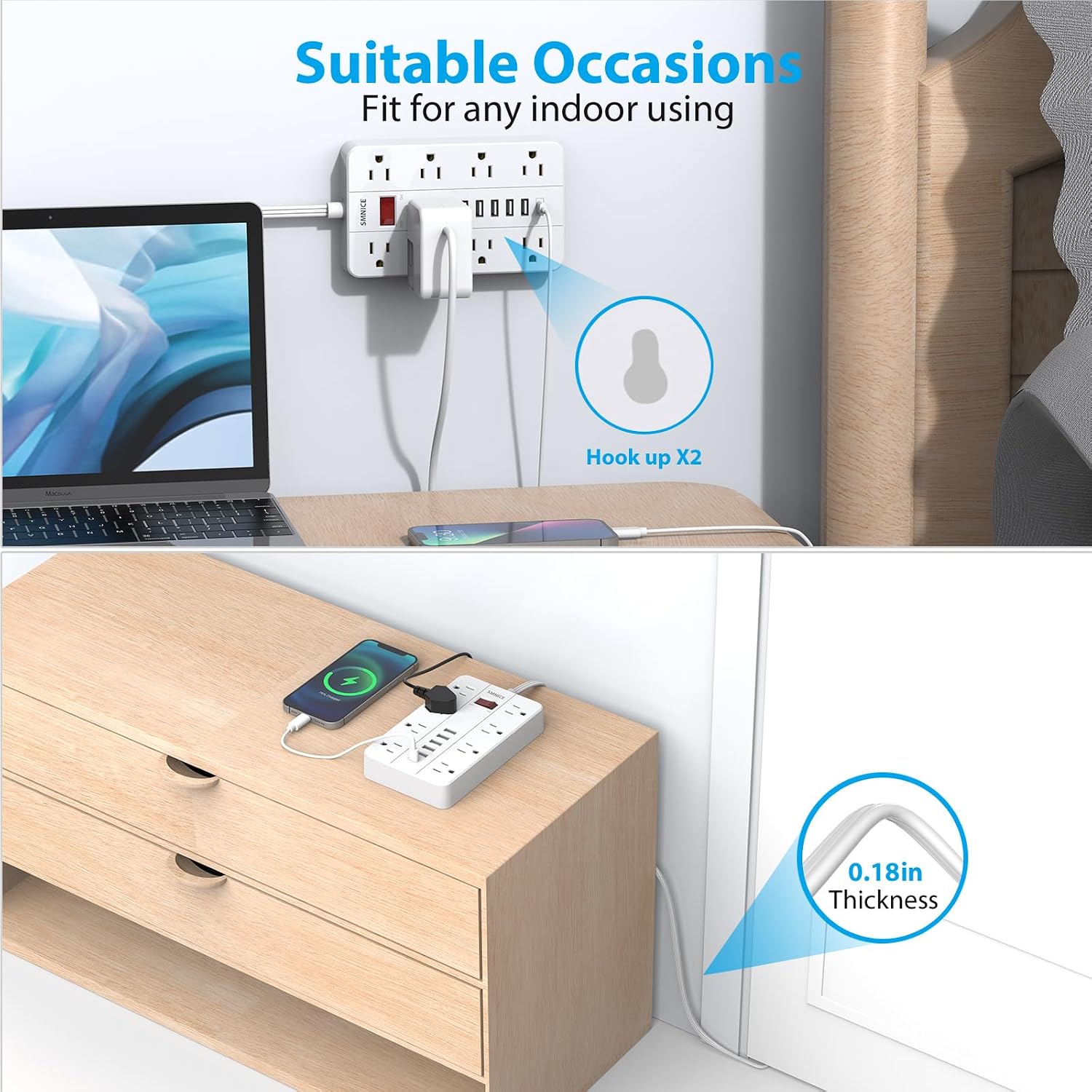 Detalle de SMNICE Power Strip with USB (Surge Protector, 8 Outlets + 6 USB Ports including USB-C), Flat Wall-Mountable Design