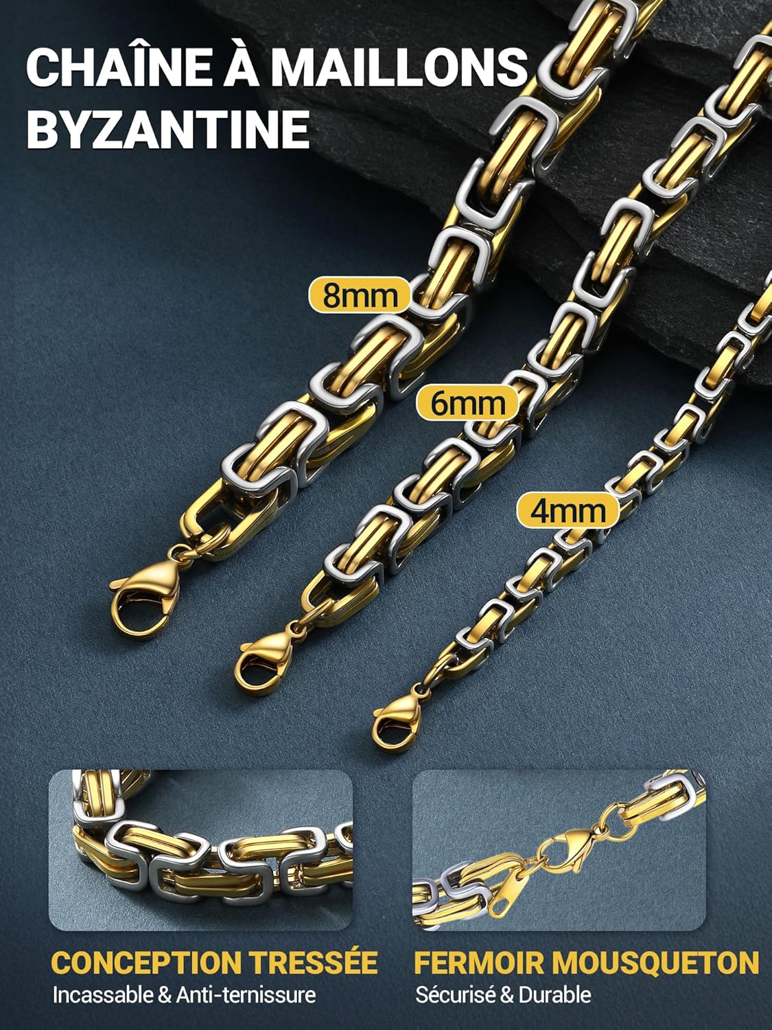 Thumbnail 5 de PROSTEEL Chaine byzantine homme en acier inoxydable 316L, maillon byzantin 4/6 mm (46 à 76 cm) plaqué or/noir