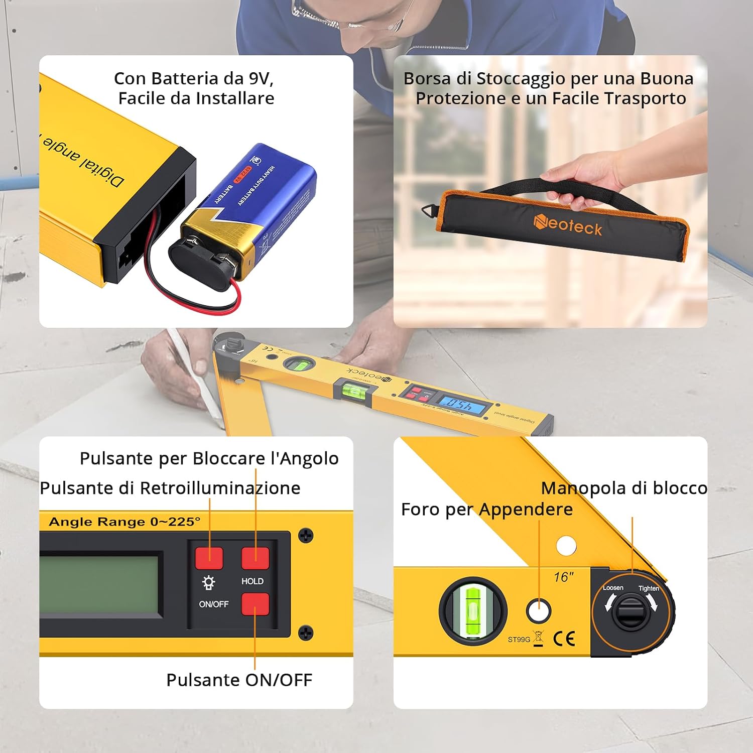 Detalle de Neoteck Digital Angle Finder 400mm/16 pollici: misurazione angoli con LCD retroilluminato