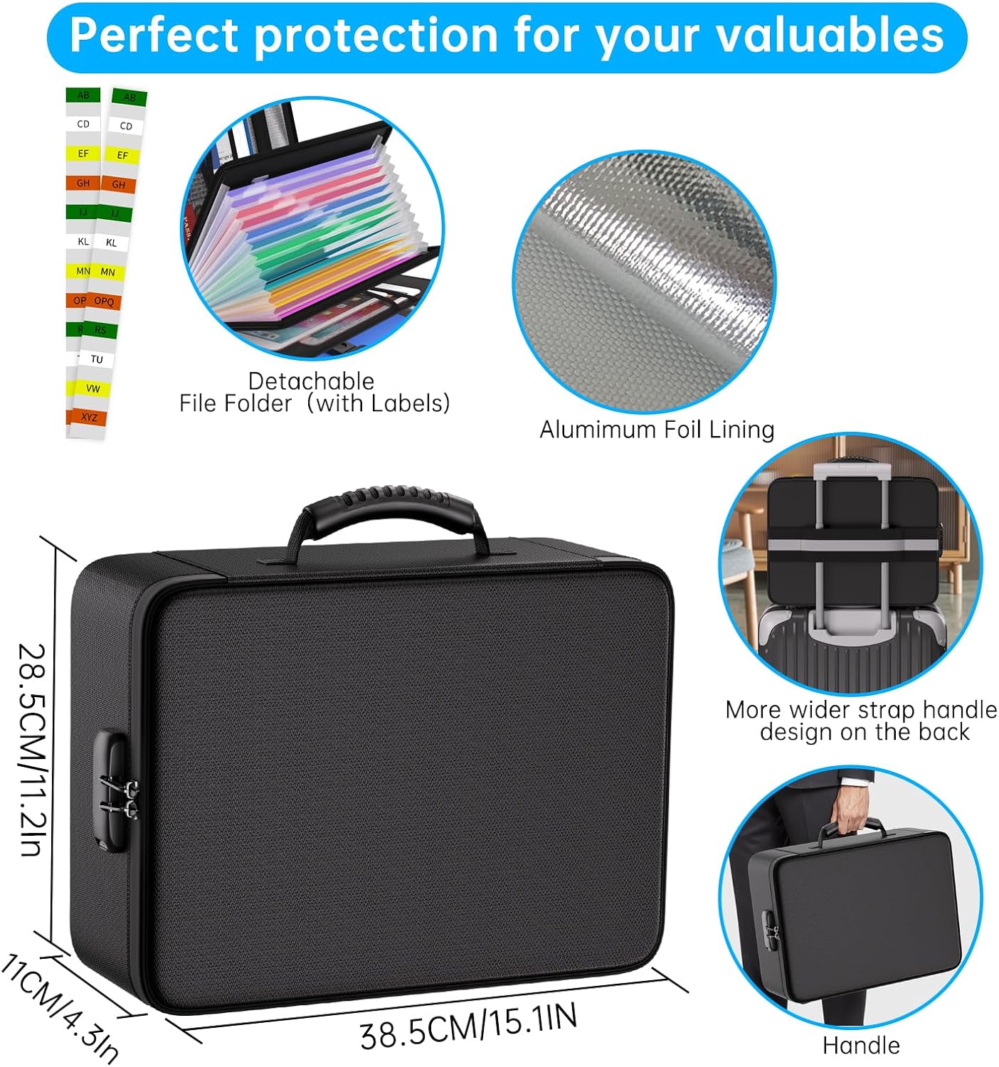 Detalle de Tamfile 5200℉ Fireproof Document Box with 13-Pocket Accordion Folder (15" x 11.2" x 4.3"), Lockable, Waterproof, Black