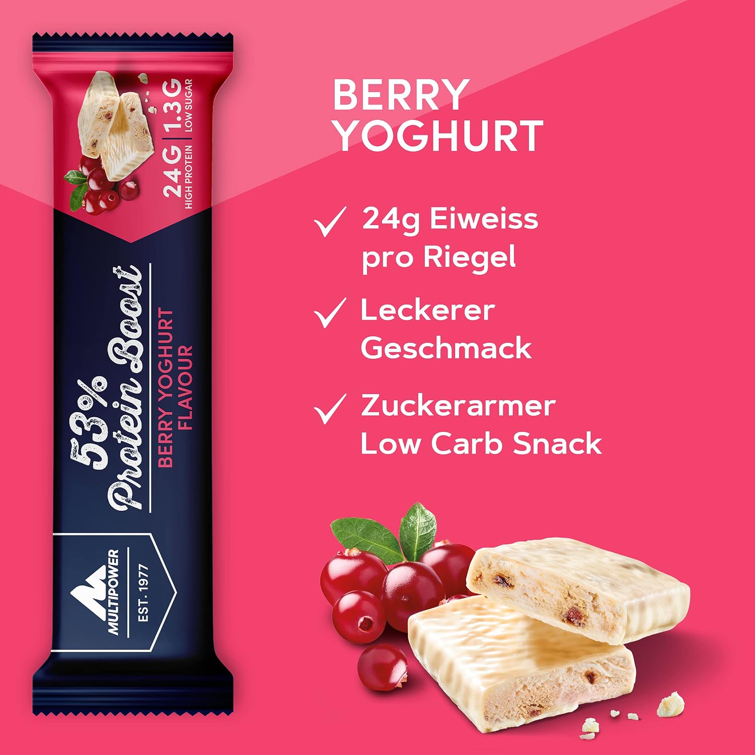 Detalle de Multipower 53% Protein Boost – 20 x 45 g Proteinriegel Berry Yoghurt, 53% Proteinanteil