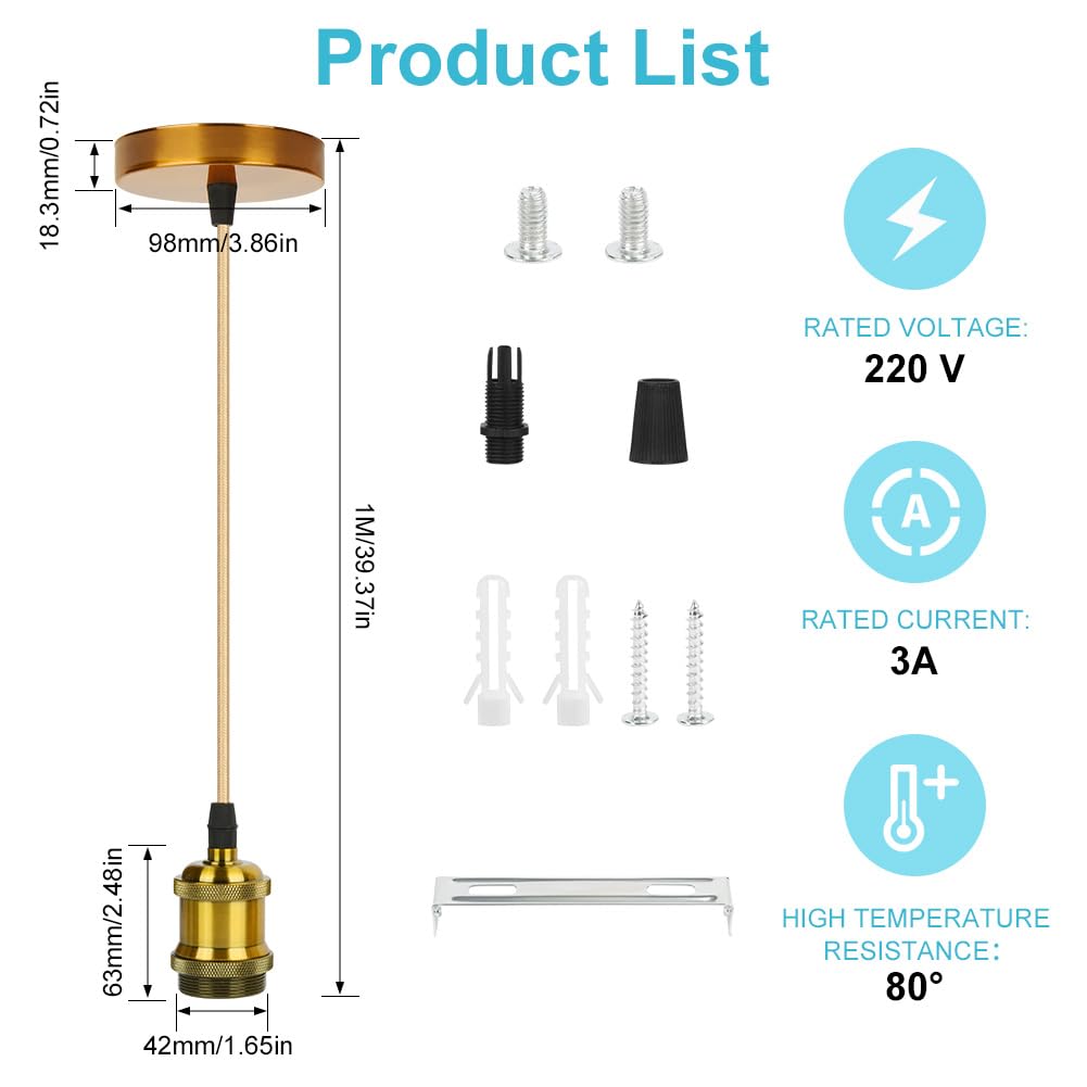 Detalle 2 de AUAUY E27-hanglampfitting goud met schroefring en verstelbaar snoer van 90 cm