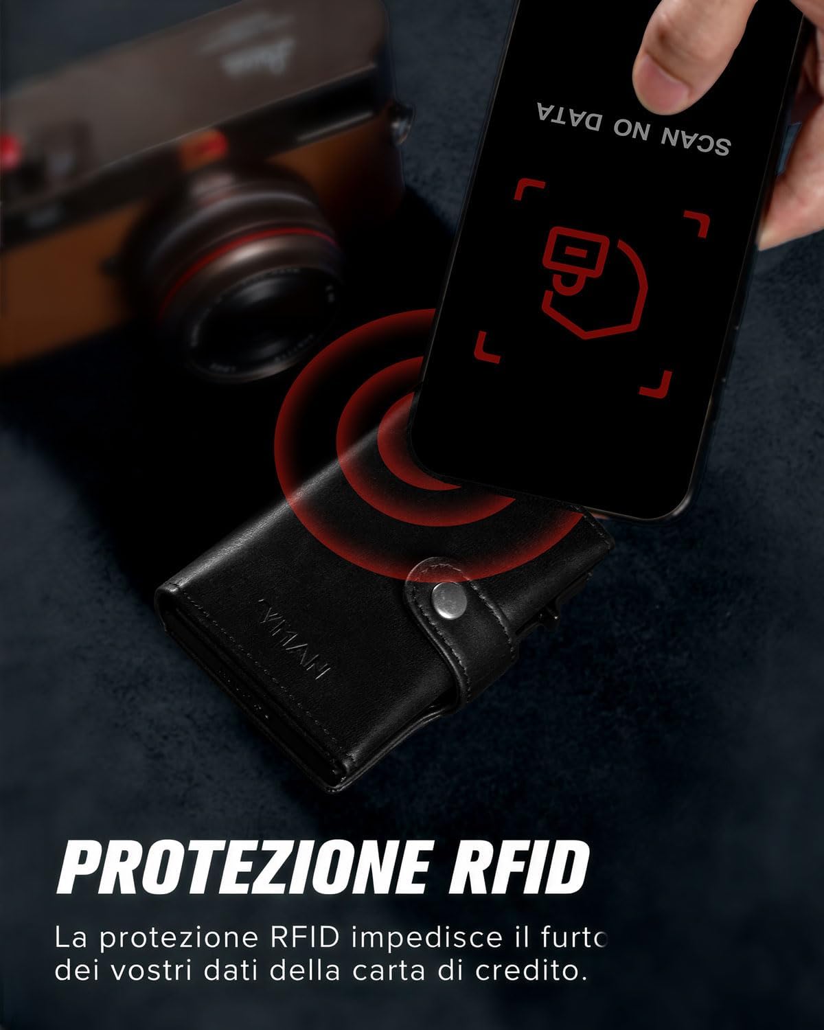 Detalle de VMAN Portafoglio Uomo Slim con RFID – Nero, Pelle PienoFiore, 8–11 Carte