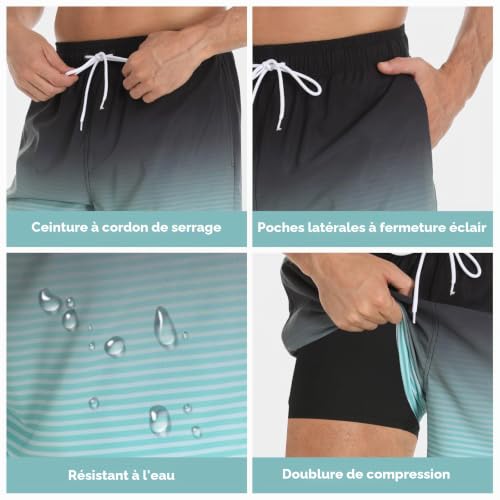 Detalle 2 de Kfnire Maillot Bain Homme 2-en-1 avec Boxer Doublure et Poches Zippées – Séchage rapide