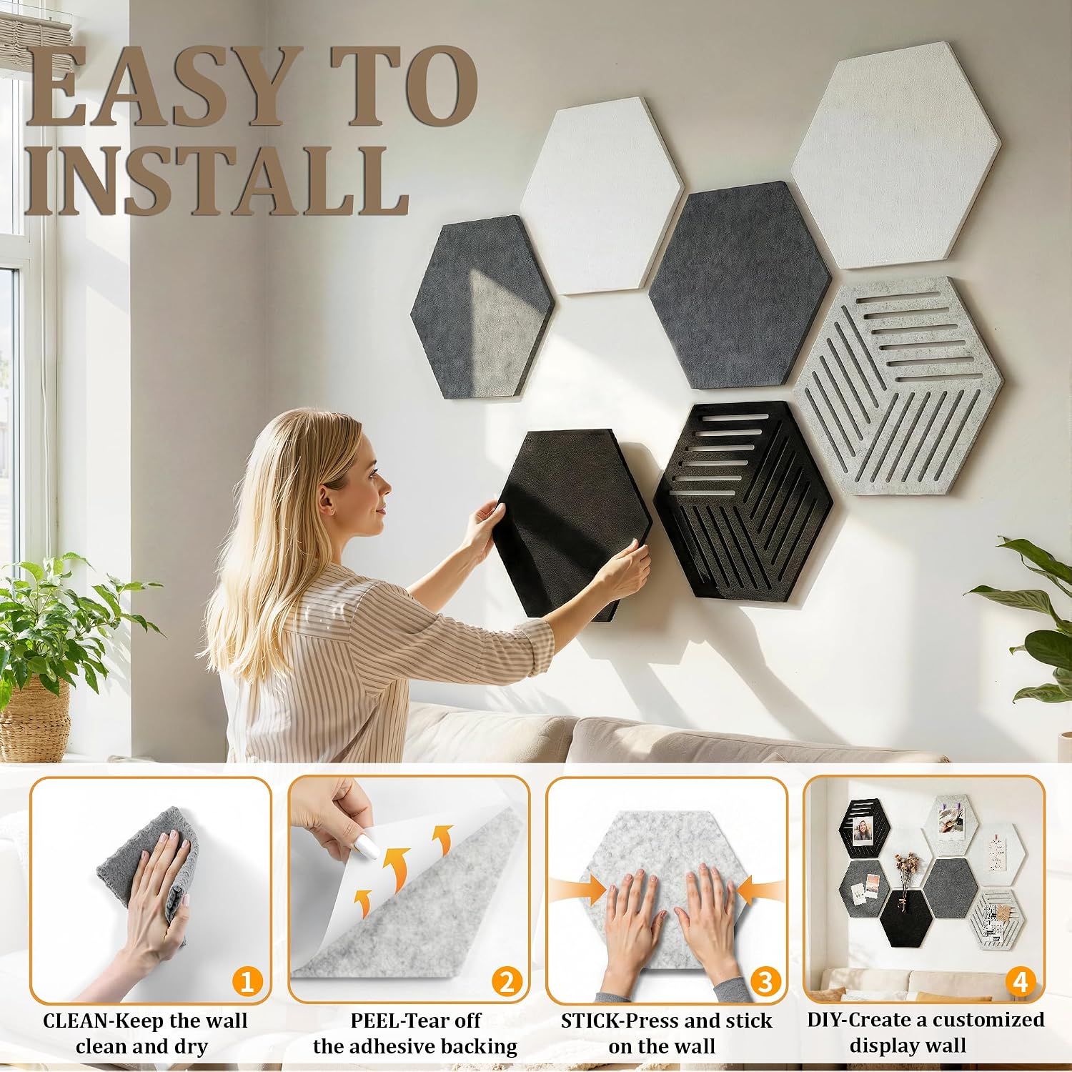 Thumbnail 6 de Uoisaiko UY-US-10060-Q8 Felt Bulletin Board Tiles, Grey Hexagon 8-Pack