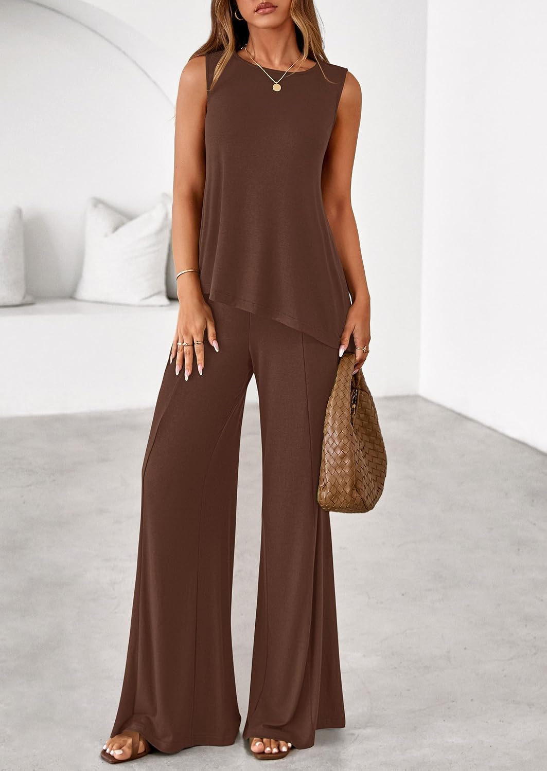 Thumbnail 6 de PRETTYGARDEN Women's 2026 Two Piece Matching Lounge Set with Asymmetrical Top and Wide-Leg Pants