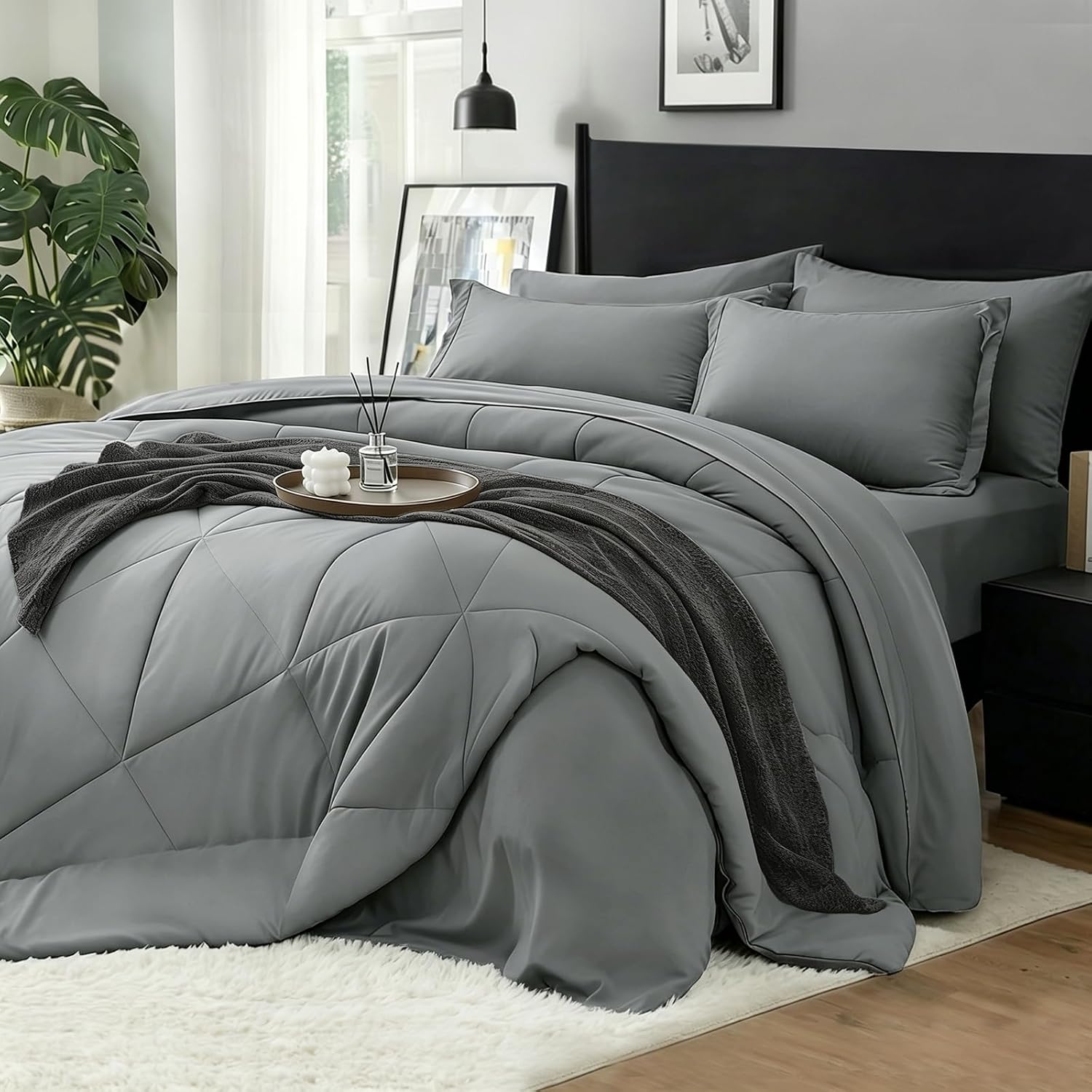 Detalle de BEDELITE King Comforter Set, 7-Piece Dark Gray Bed in a Bag