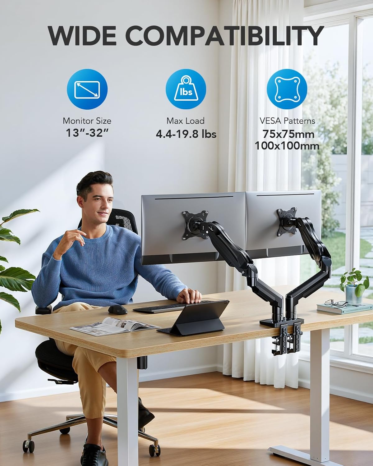 Detalle de HUANUO FlowLift Dual Monitor Stand — Fully Adjustable Dual Arm Desk Mount for 13–32" Screens