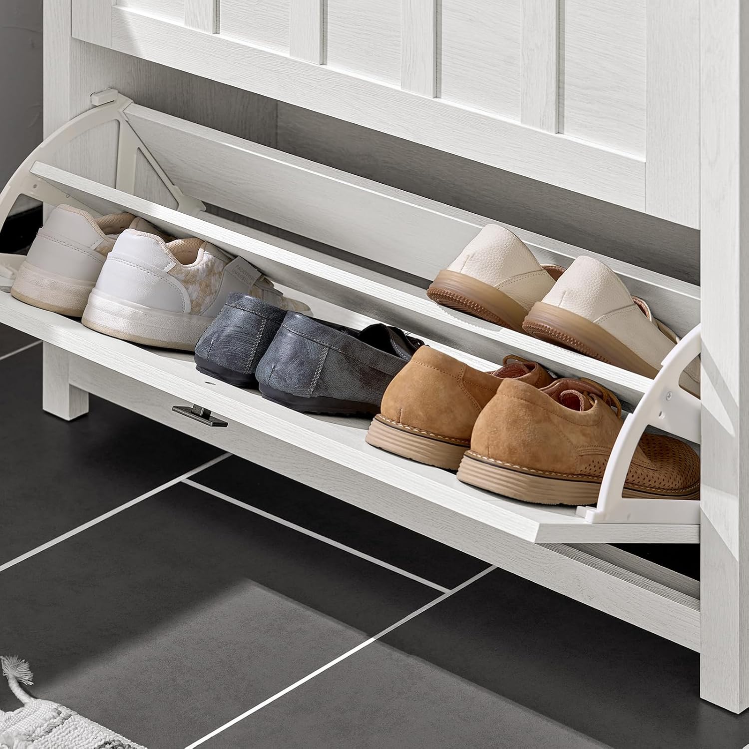 Detalle de SoBuy Meuble Chaussures Entrée FSR162-W – 3 abattants, blanc vintage, 80x30x111 cm