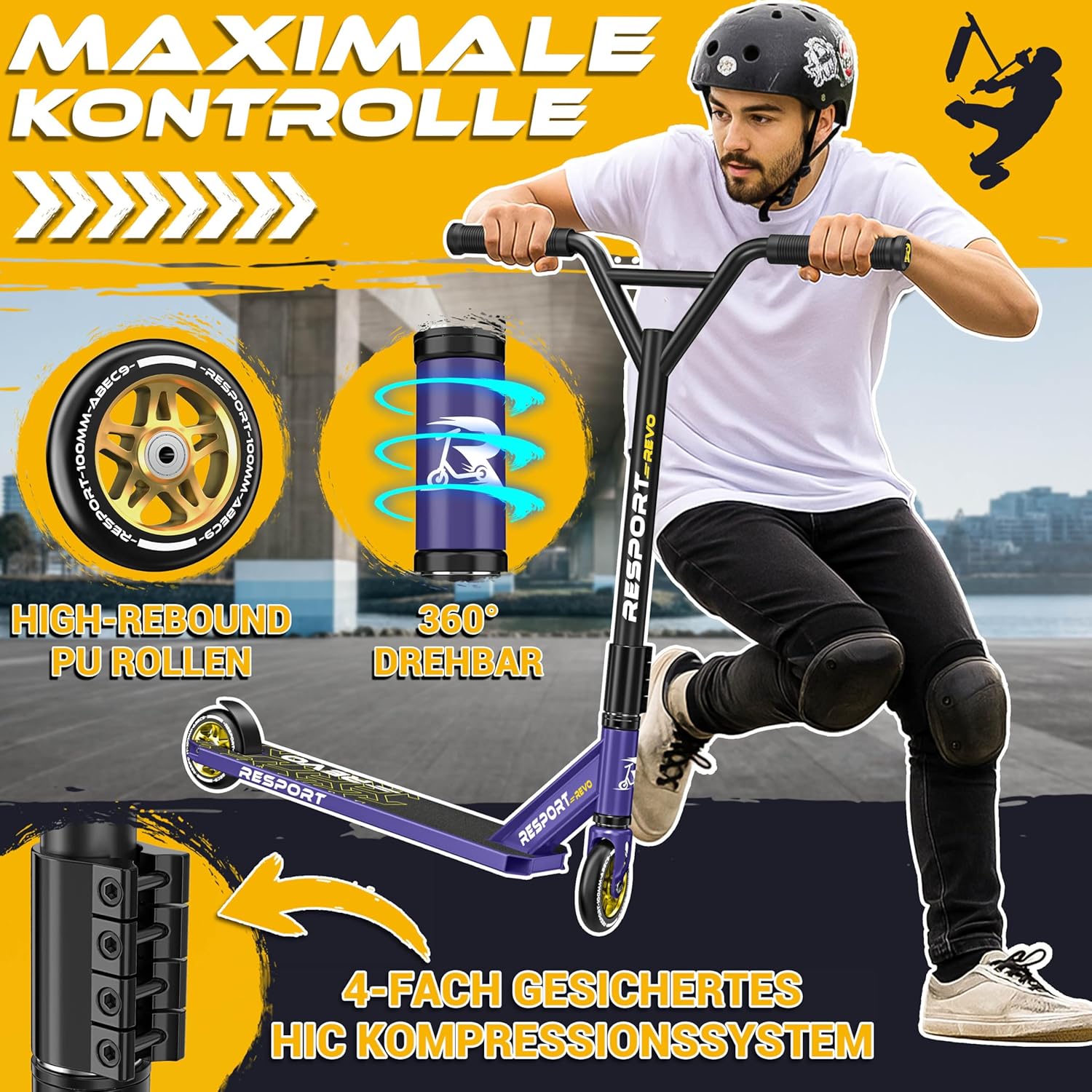 Thumbnail 1 de RE:SPORT Stunt Scooter REVO mit Ständer, 100-mm-PU-Wheels, Y-Bar & ABEC-9 Lager – für Kinder und Erwachsene