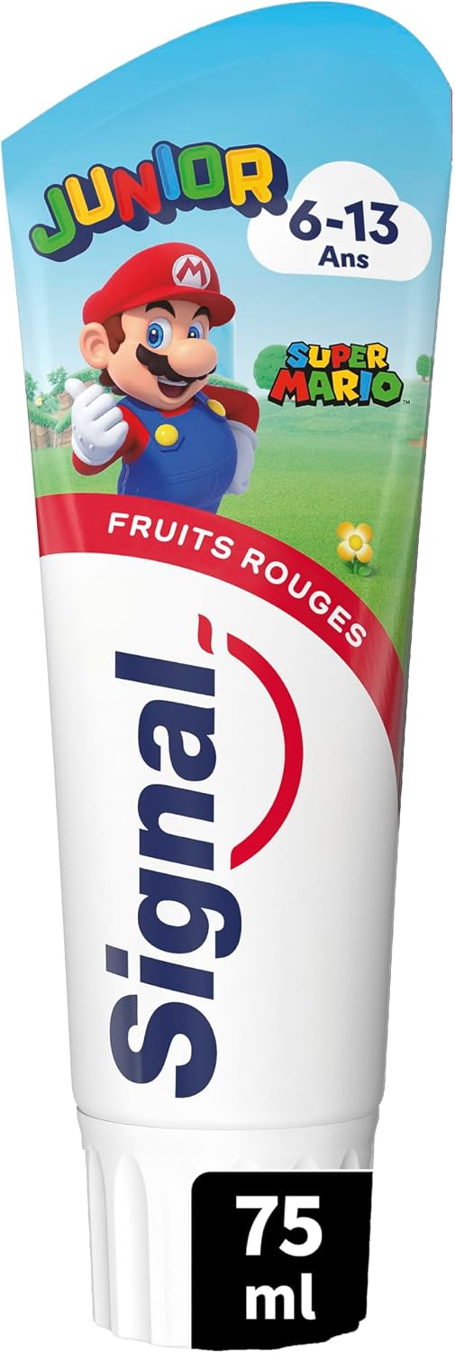 Detalle 2 de Signal Junior Super Mario pasta do zębów dla dzieci, czerwone owoce, 1450 ppm fluoru, 2 × 75 ml