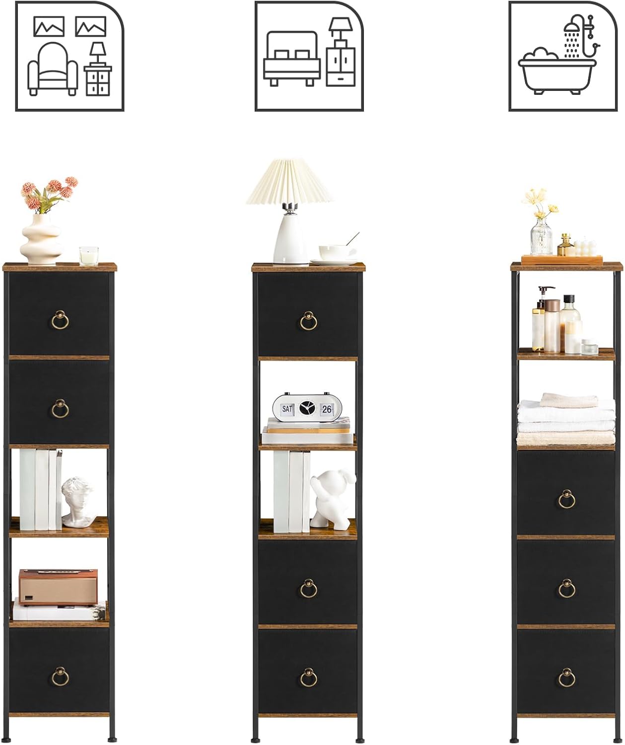 Thumbnail 6 de HOOBRO Meuble de Salle de Bain – Placard d’Angle 30 x 30 x 141 cm, 3 tiroirs en tissu, style industriel, marron rustique et noir (EBF140CW01)