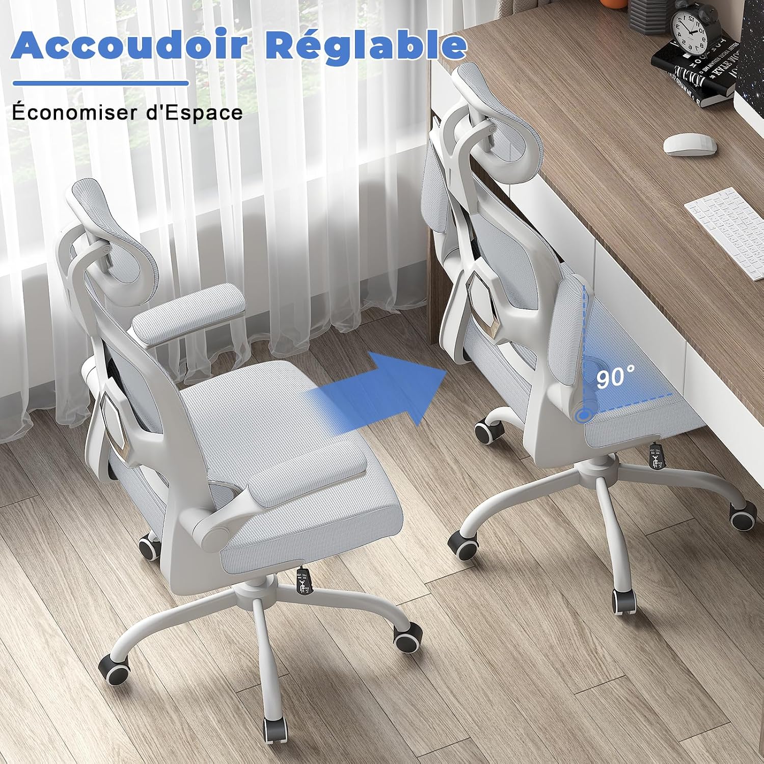 Thumbnail 6 de Chaise de Bureau Ergonomique Naspaluro — soutien lombaire ajustable, dossier en maille, repose-tête et accoudoirs rabattables (gris)