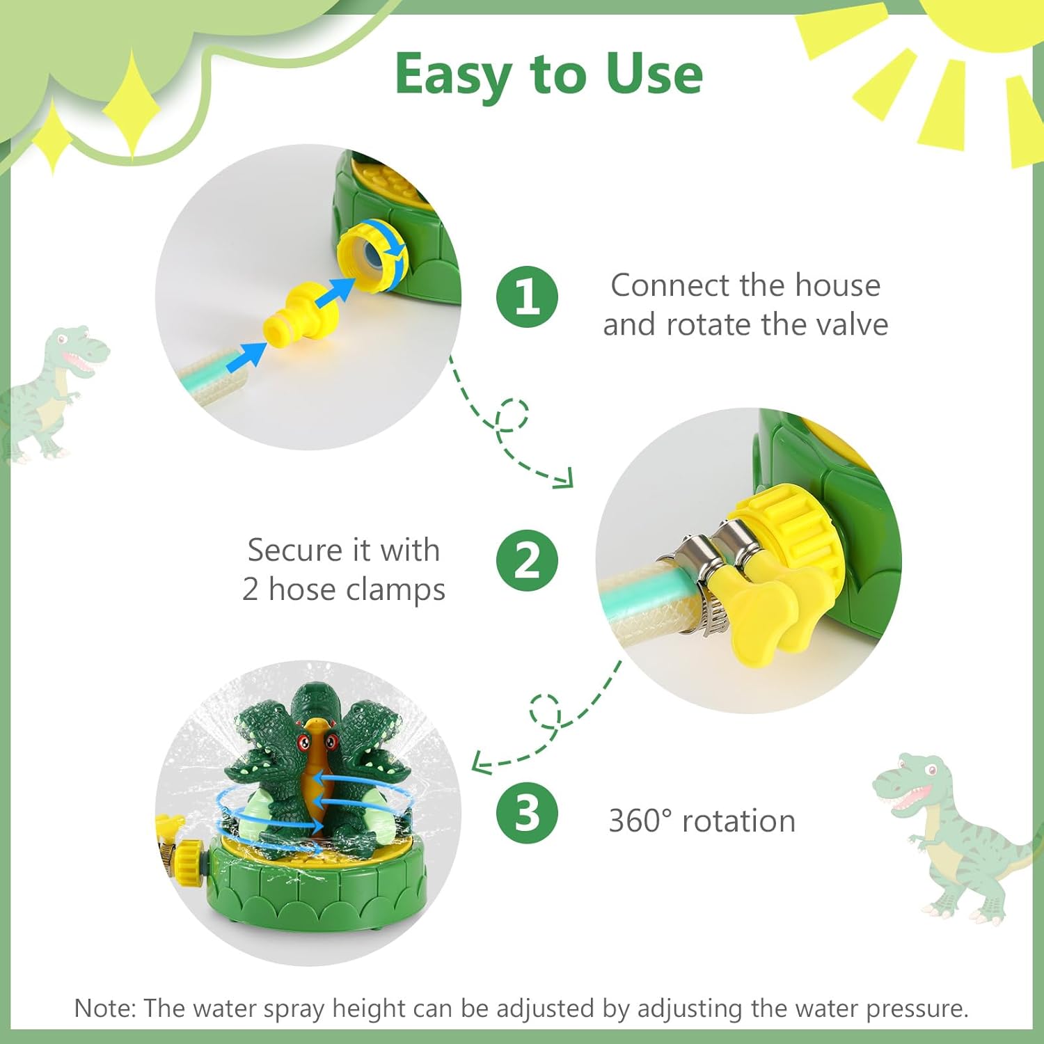 Thumbnail 4 de MoKo Dinosaur Sprinkler for Kids – 360° outdoor water spray toy with hose clamps, green