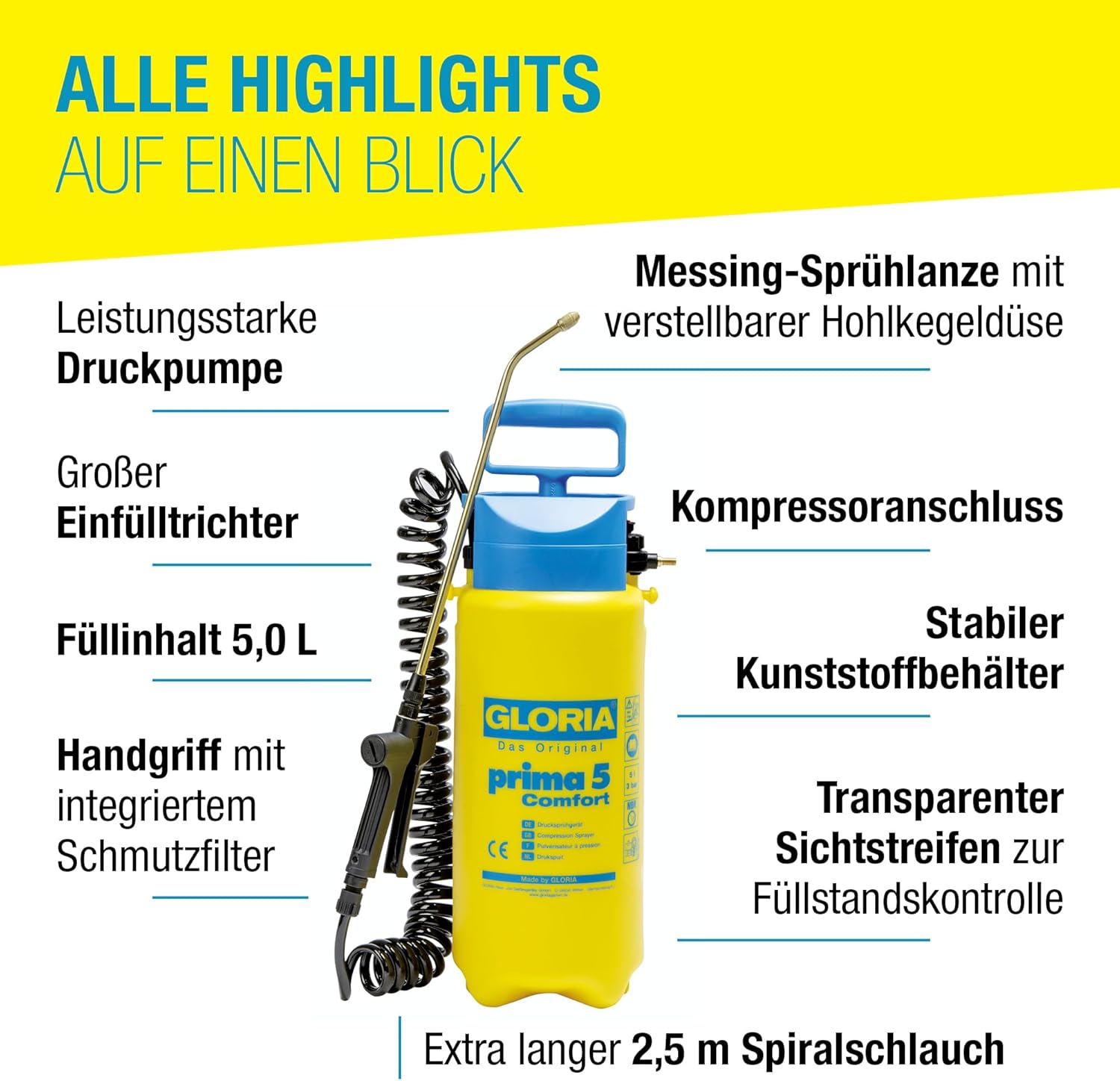 Thumbnail 2 de GLORIA Drucksprüher prima 5 Comfort – 5 L Gartenspritze mit Spiralschlauch und Kompressoranschluss