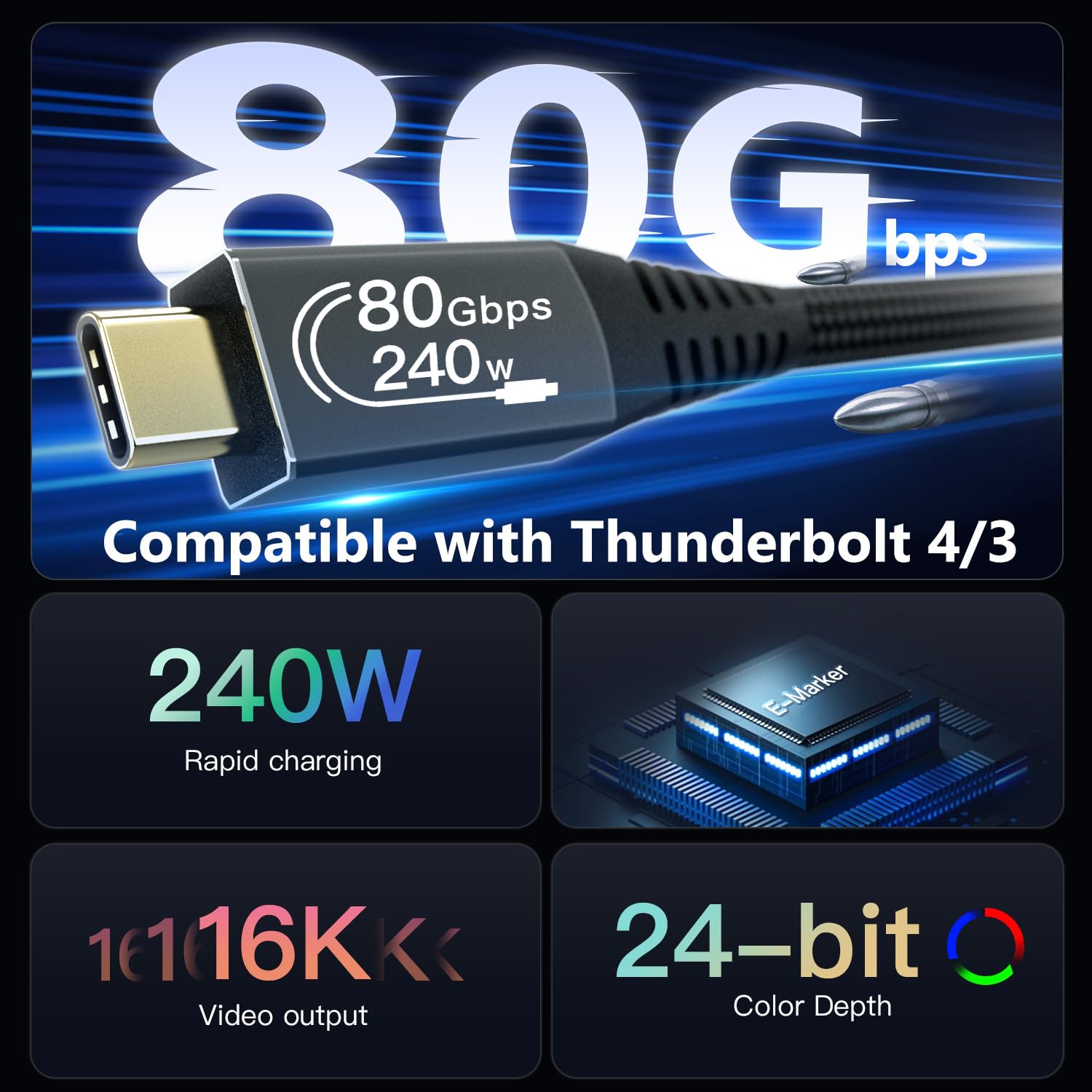 Thumbnail 1 de CAKOBLE Thunderbolt 5 Cable 2m (80Gbps, 16K/8K@60Hz, 240W USB-C charging)
