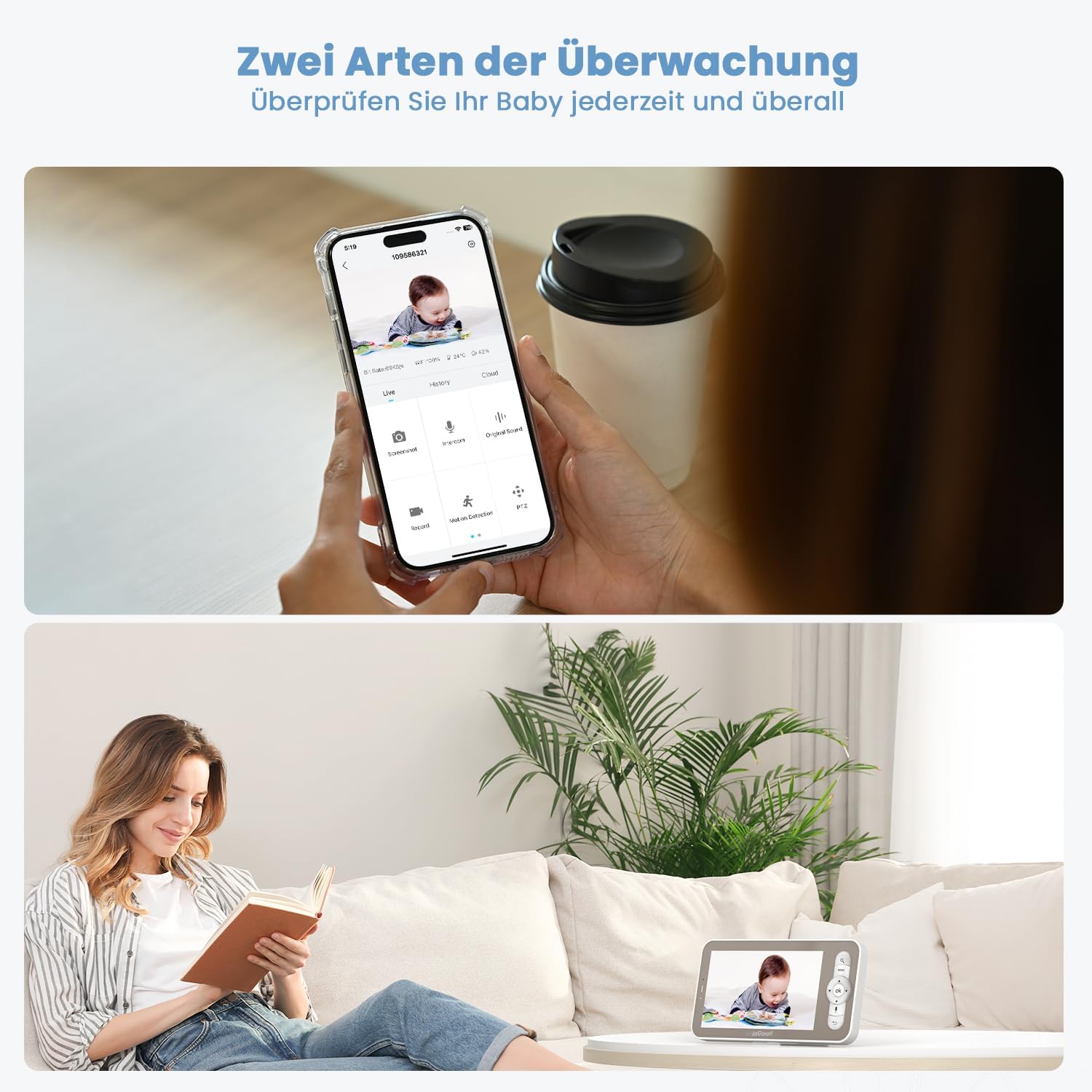 Thumbnail 2 de ieGeek Babyphone mit 2 Kameras 2K/3MP – 5 Zoll WLAN Video-Babyfon mit PTZ 355° und automatischer Verfolgung