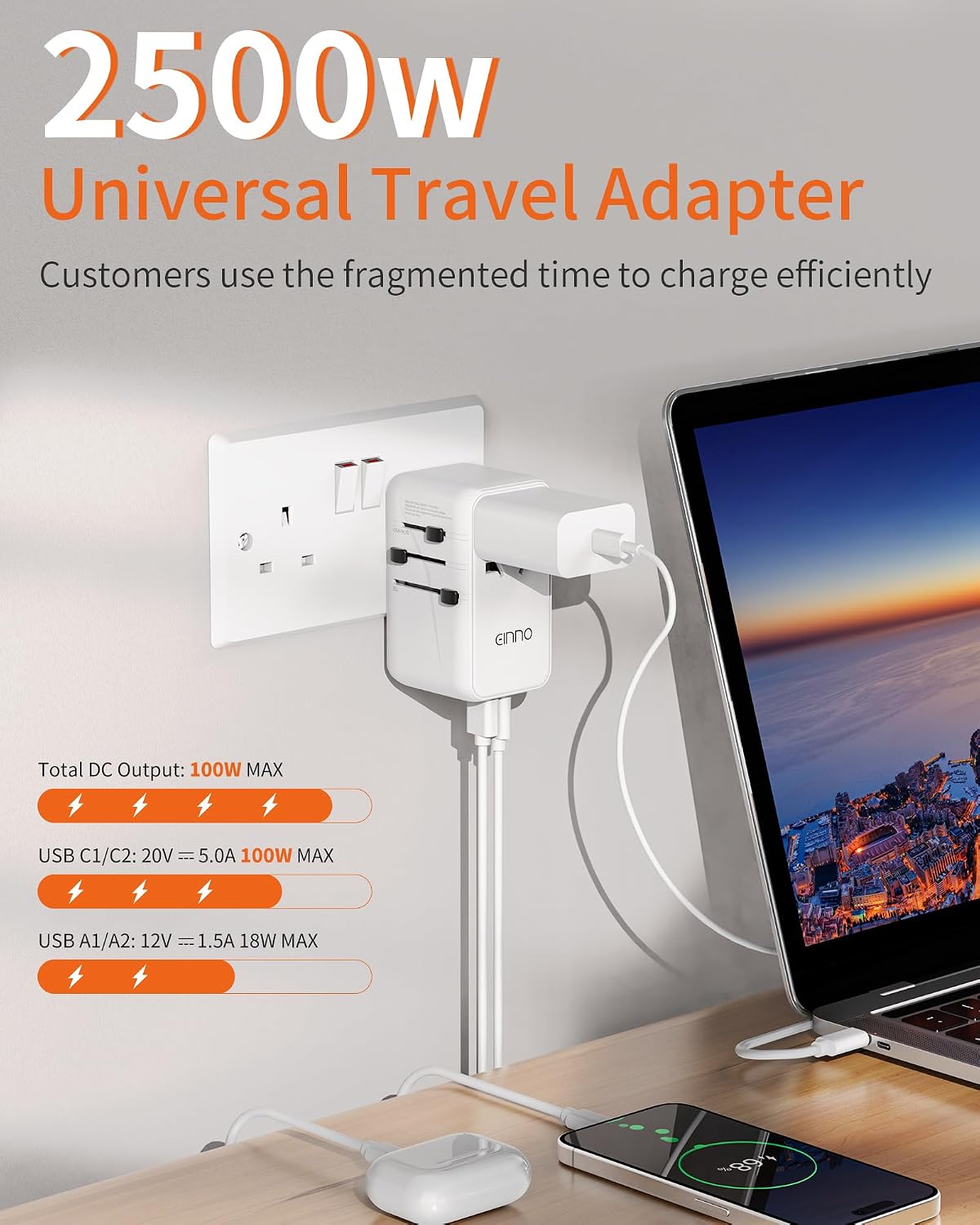 Detalle de EINNO International Travel Adapter 100W with USB-C and USB-A 🔌