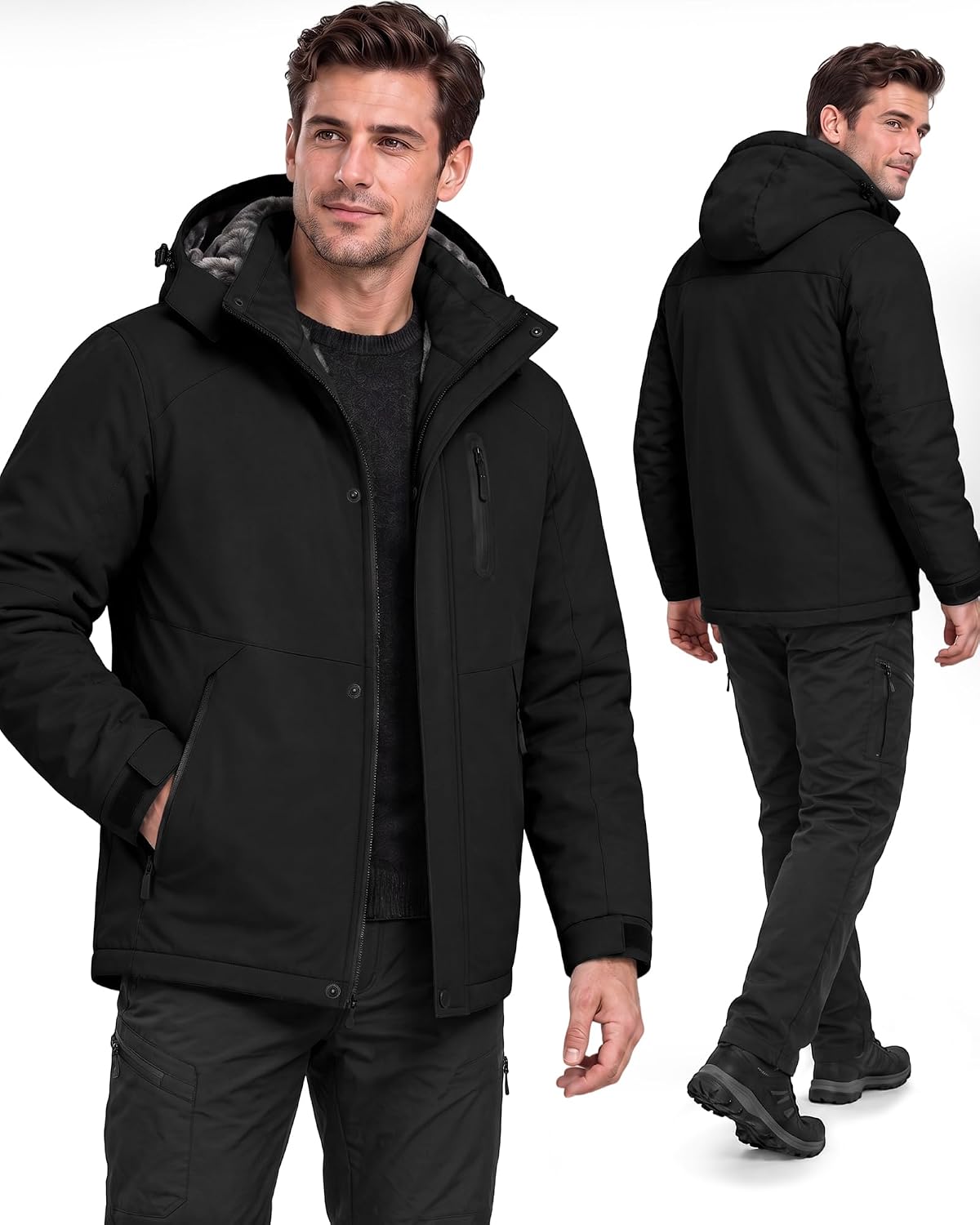 Detalle de Yufawow Men's Winter Jacket with Magnetic Placket, Fleece Lining and Detachable Hood
