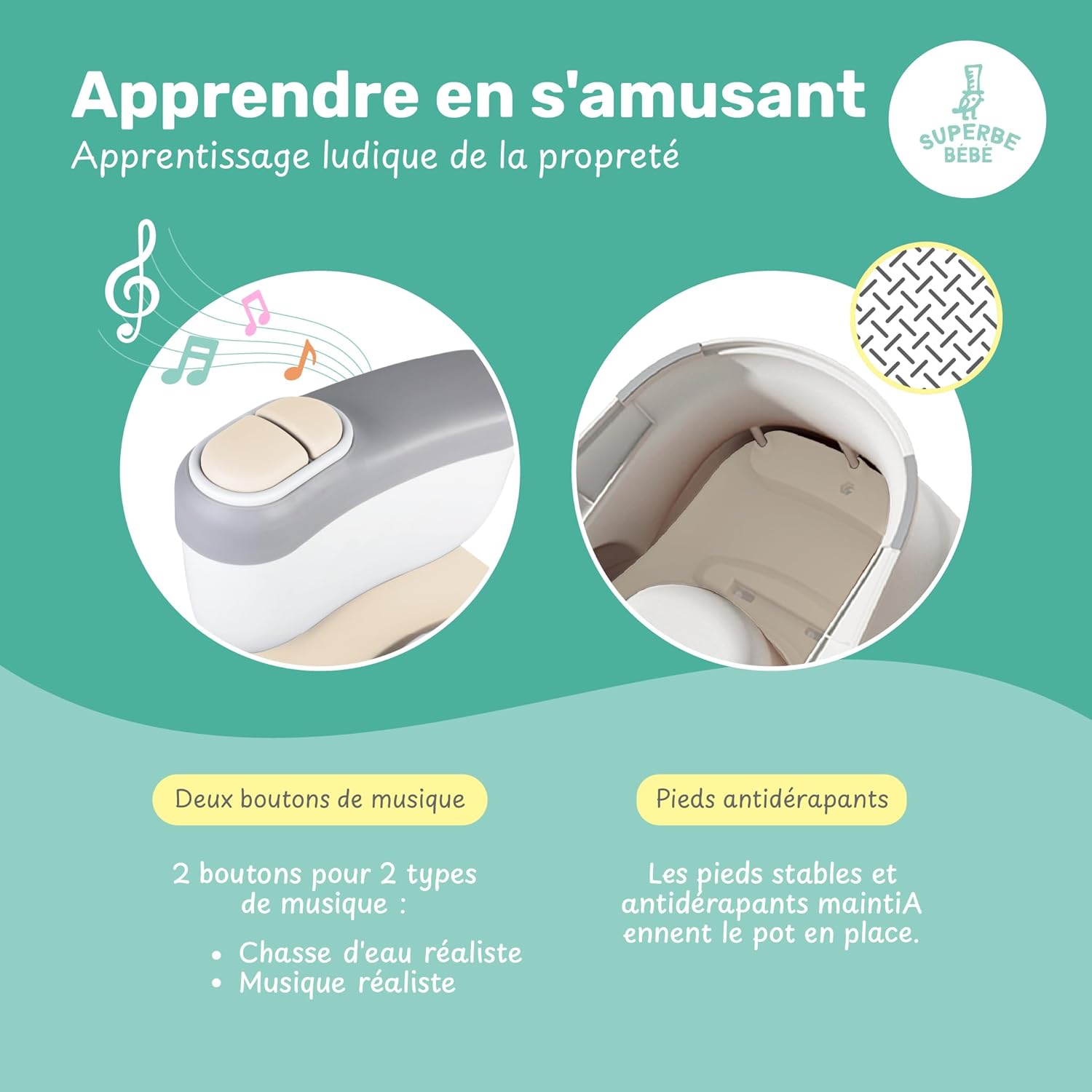 Detalle de Pot Bébé Toilette Musical pour apprentissage de la propreté – confort et sécurité pour les premières toilettes