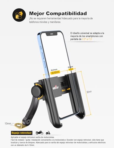 Thumbnail 3 de Grefay Soporte móvil para espejo de motocicleta con liberación rápida 1S, rotación 360°, compatible con teléfonos de 3.5–7.0 pulg.