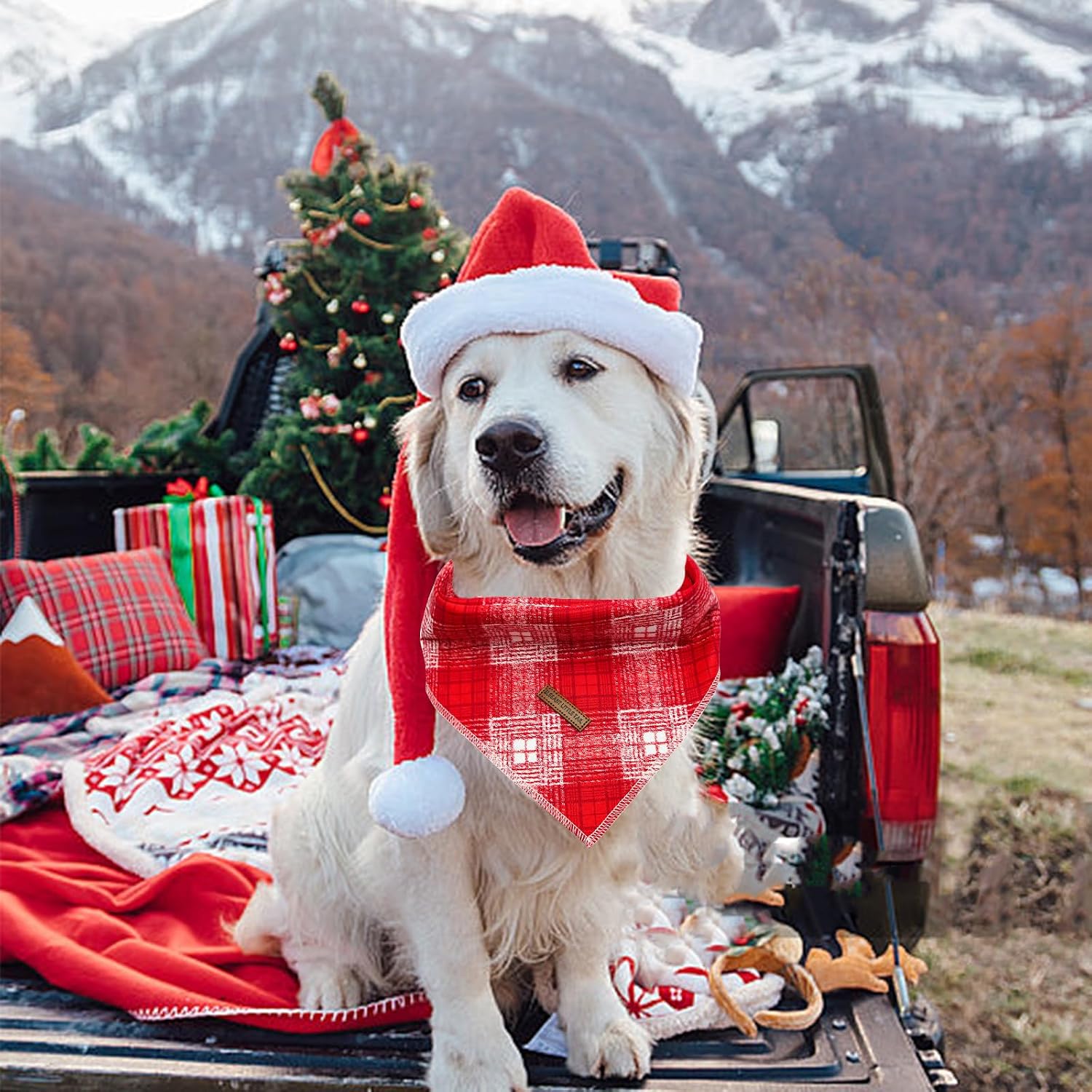 Thumbnail 5 de Elegant little tail Christmas Dog Bandana, Large Red Plaid Cotton Scarf