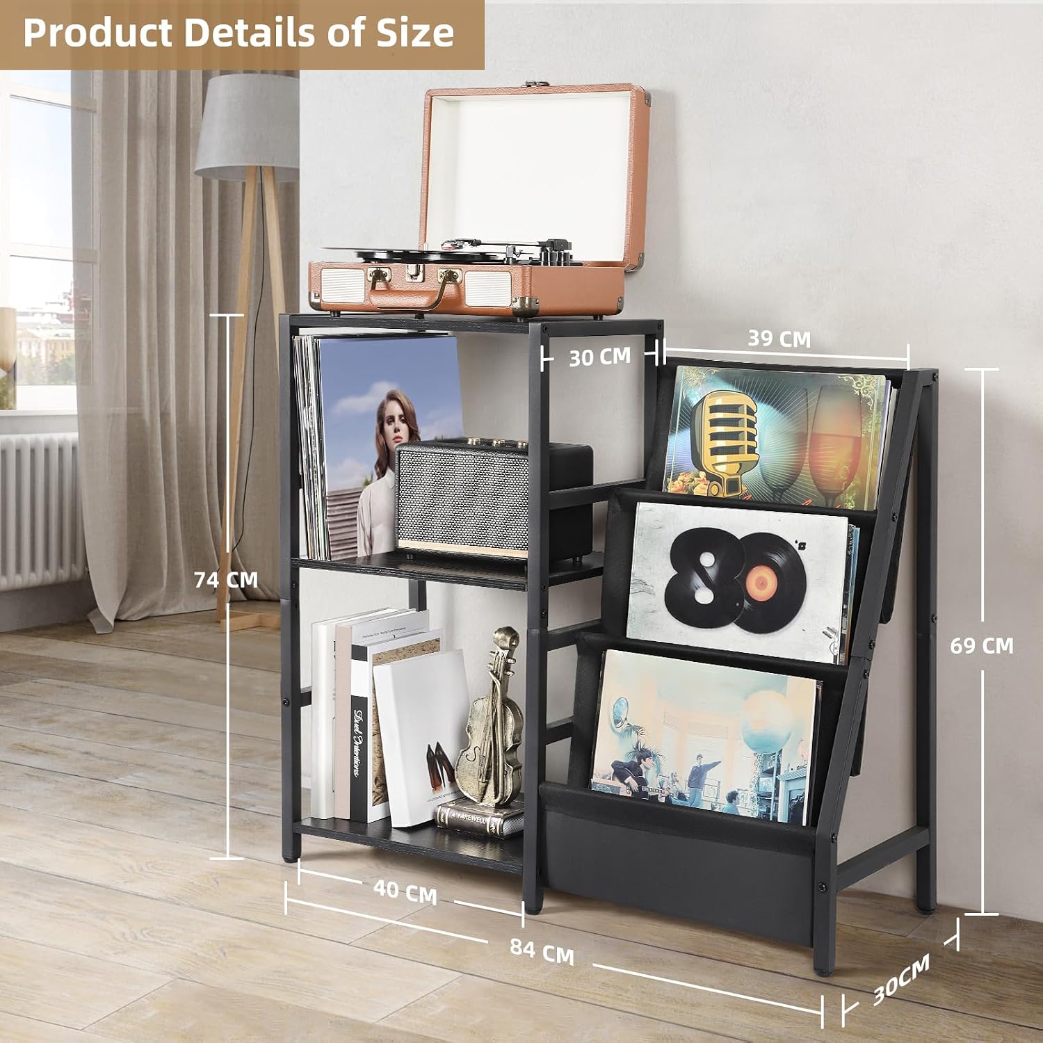 Detalle de Bikoney BKNY-SHELF-001 platenkast voor 200 albums, 3 niveaus, zwart