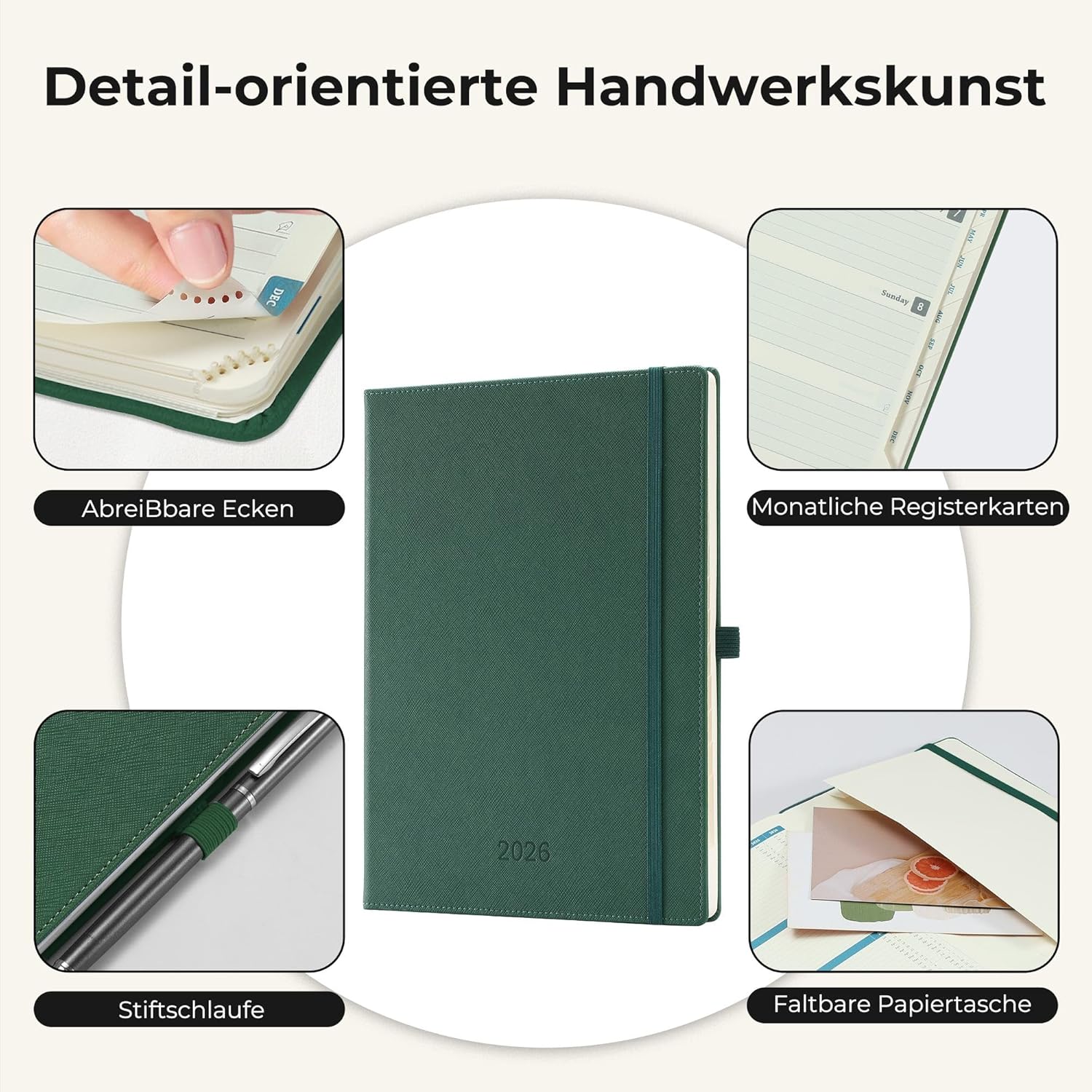 Thumbnail 5 de IN-LUXPRO Kalender 2026 – A4 Buchkalender 29 × 21,7 cm, Wochenplaner mit 100GSM Papier, PU-Leder Grün