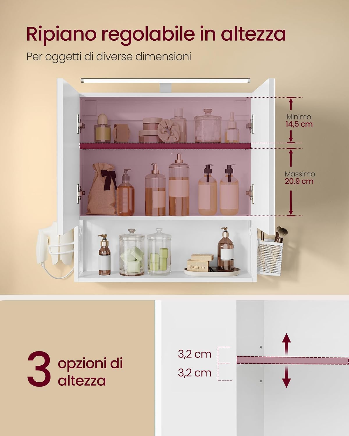 Thumbnail 2 de VASAGLE Armadietto da Bagno con Luce LED e Specchio BBK224WB01 – Bianco Nuvola