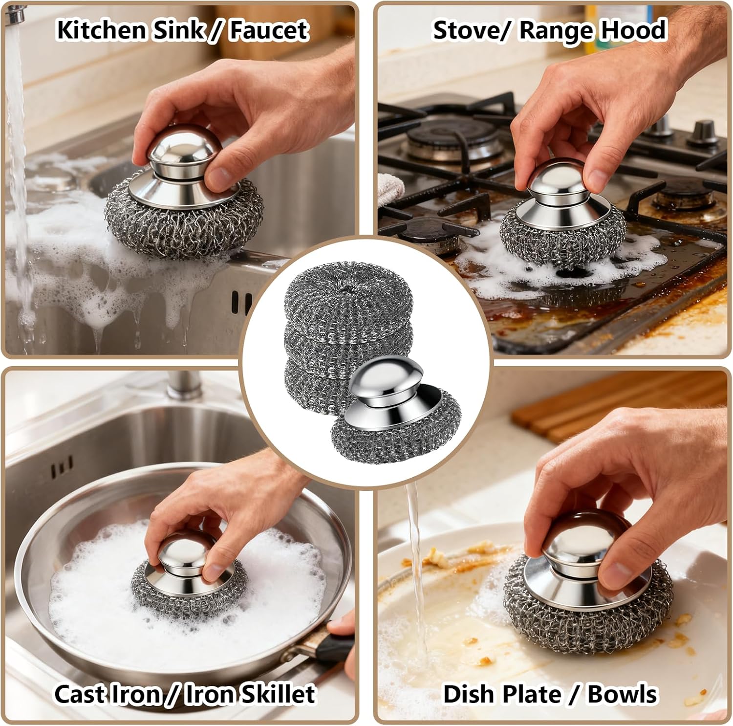 Detalle de Steel Wool Scrubber, 4-Pack with Handle: Durable Stainless Steel Cleaning Pad Set for Kitchen and Beyond