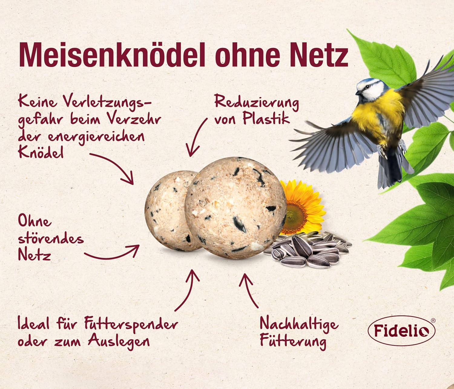 Detalle de Fidelio Meisenknödel ohne Netz – ganzjähriges, proteinreiches Wildvogelfutter (8,3 kg, 100 Stück, FSC)
