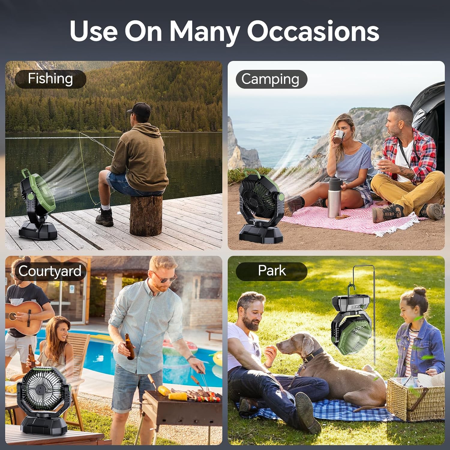 Thumbnail 6 de Camping Fan with 20000mAh Battery, LED Light & 270° Tilt – Green