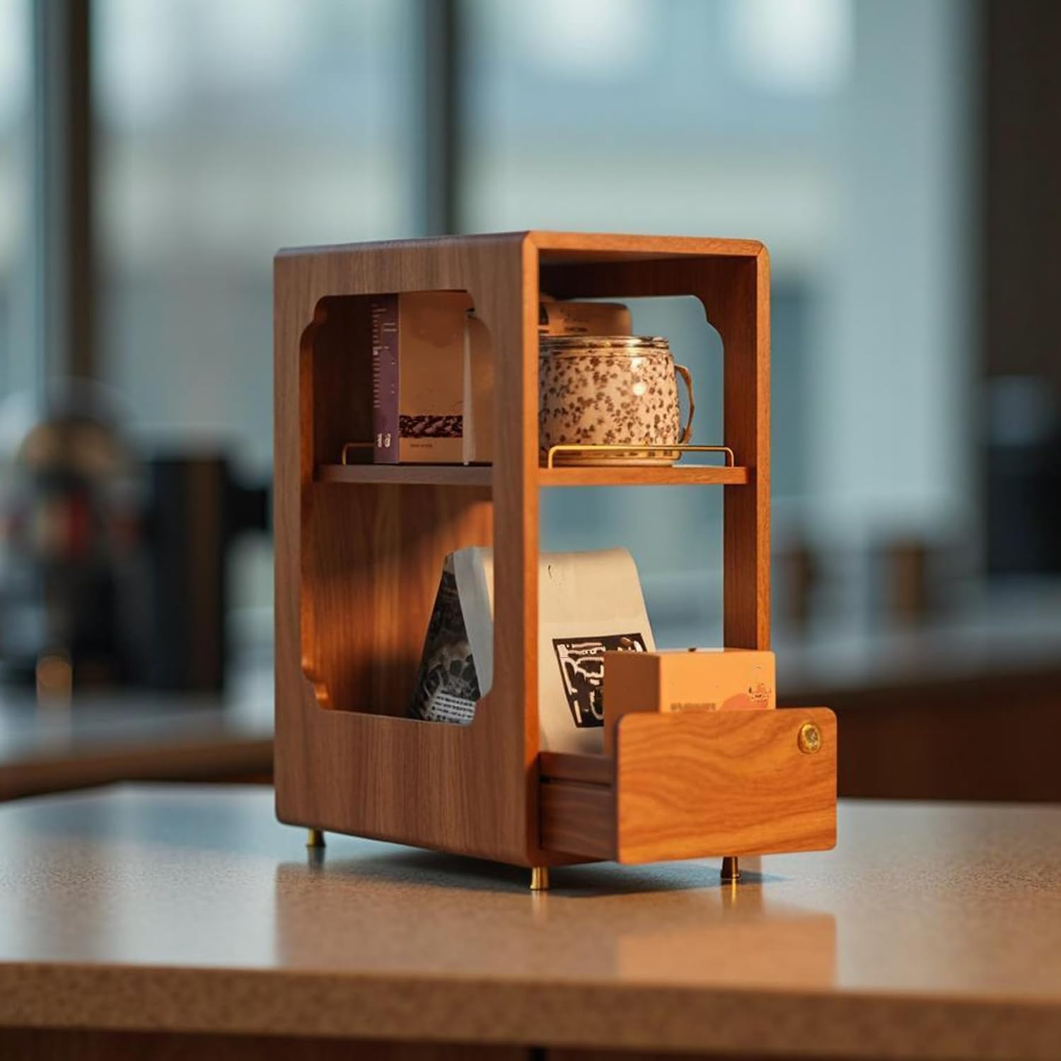 Detalle 2 de Coffee Station Organizer in Walnut Wood