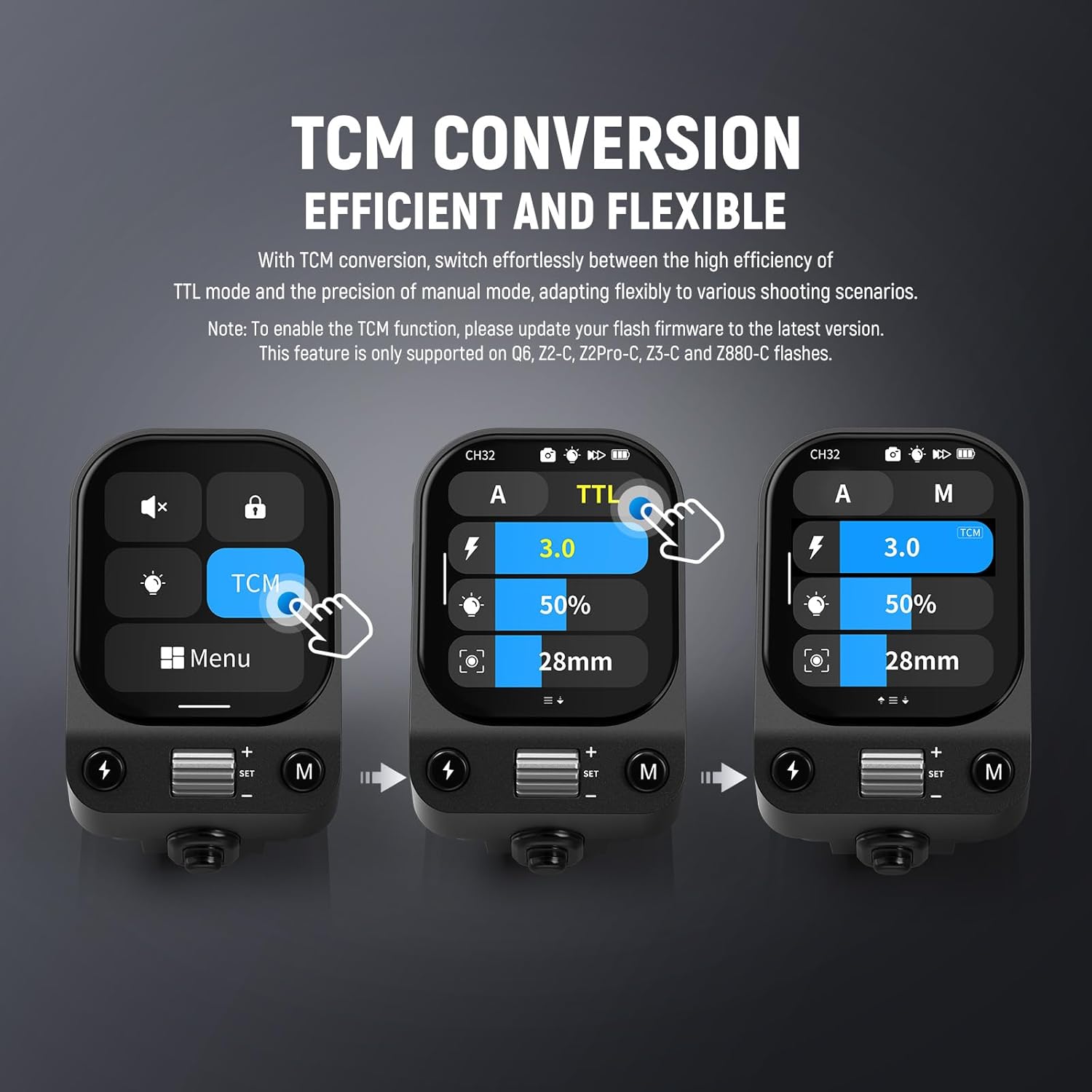 Detalle de NEEWER QZ-C TTL Wireless Flash Trigger Transmitter for Canon cameras with OLED touchscreen and 1/8000s HSS