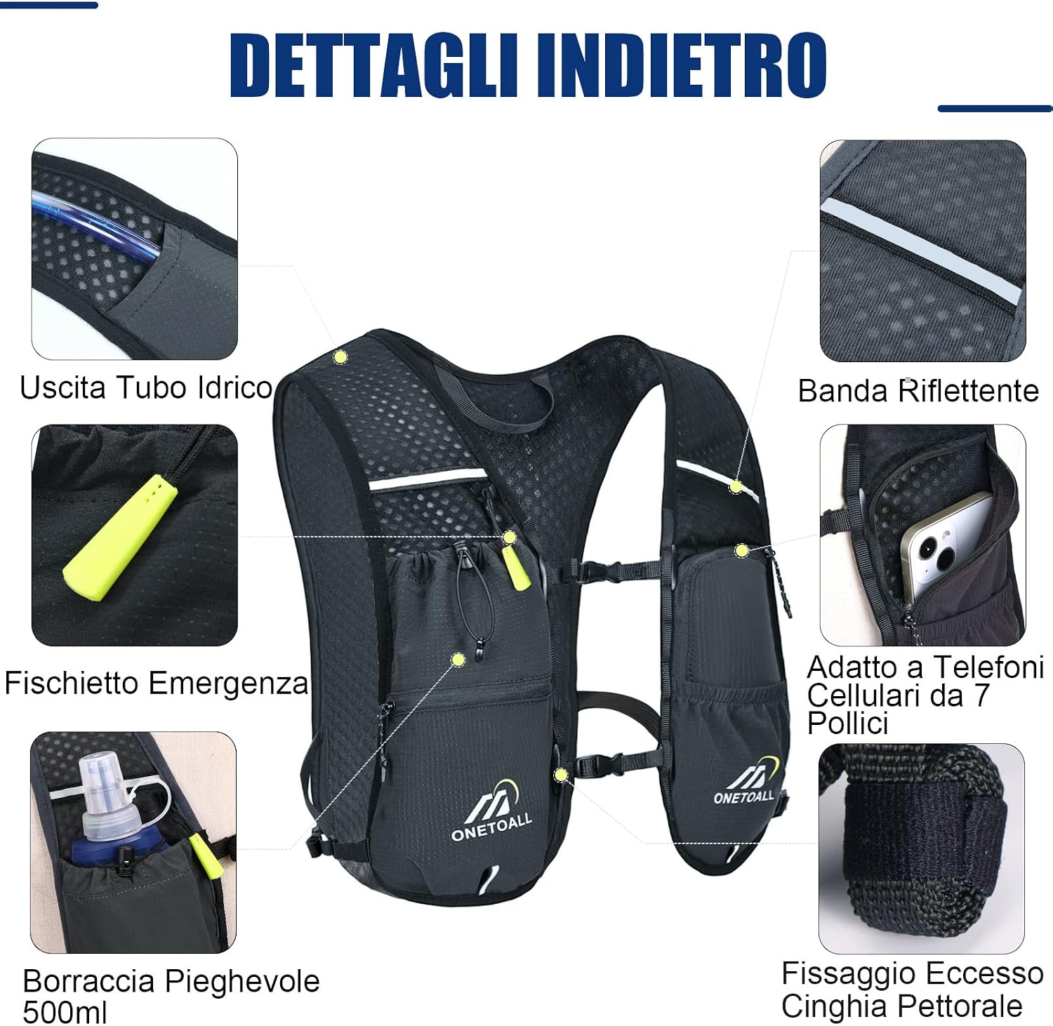 Detalle de ONETOALL Zaino Trail Running: Gilet Running con Sacca Idrica 2L, leggero e riflettente