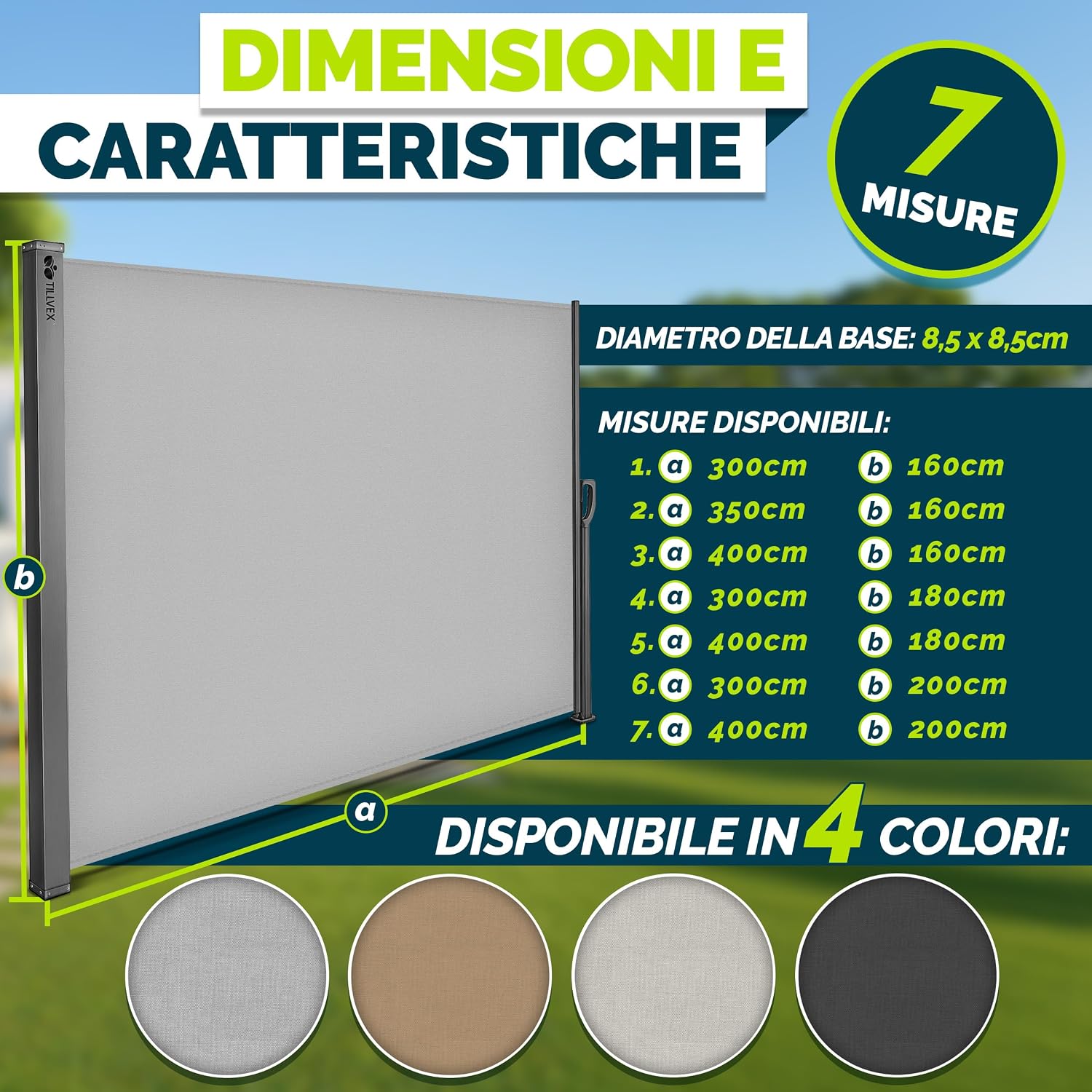 Thumbnail 6 de tillvex® Tenda laterale estensibile e oscurante 200 x 400 cm — protezione solare, privacy e anti-vento per balcone, giardino e terrazzo