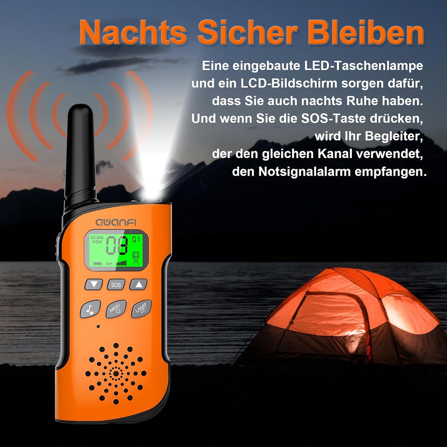 Detalle de AWANFI Walkie Talkie Kinder-Set: Wiederaufladbar, VOX, Taschenlampe und 3-km-Reichweite