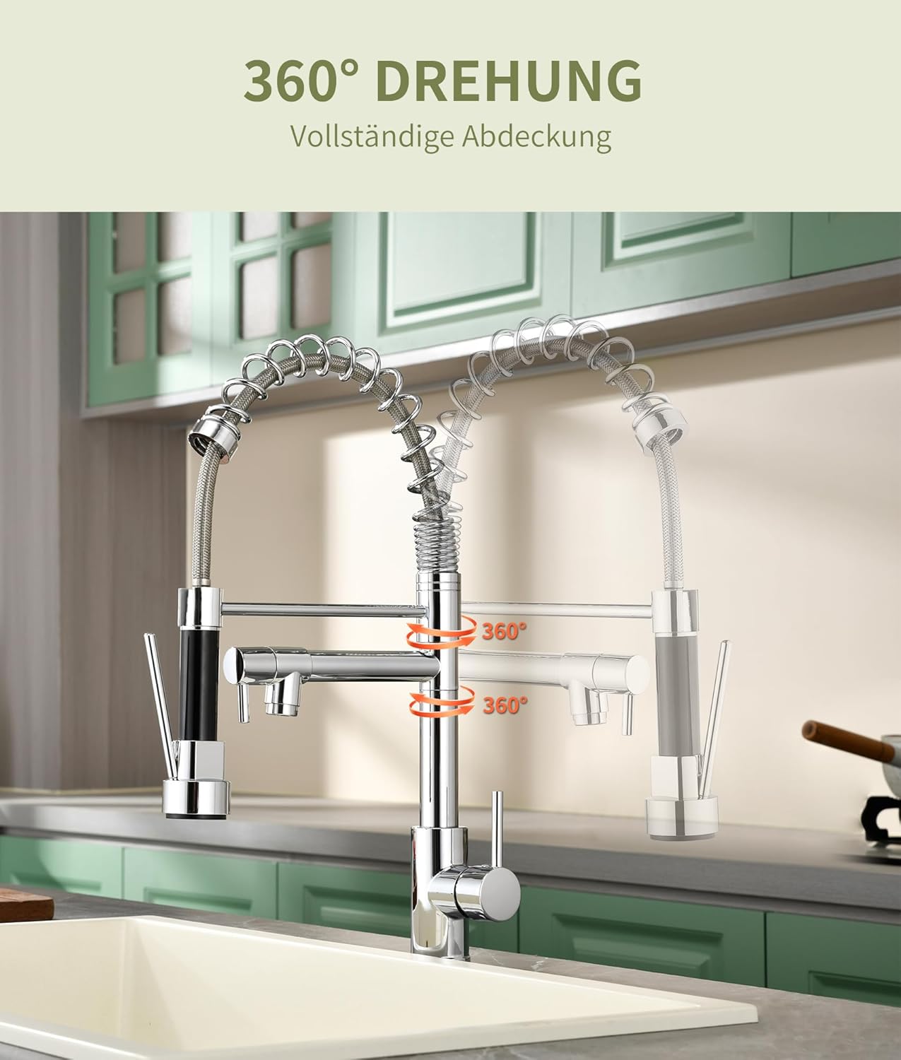 Detalle de Robinet de cuisine avec douchette extractible et rotation à 360° — Mitigeur haute pression en acier inoxydable 304