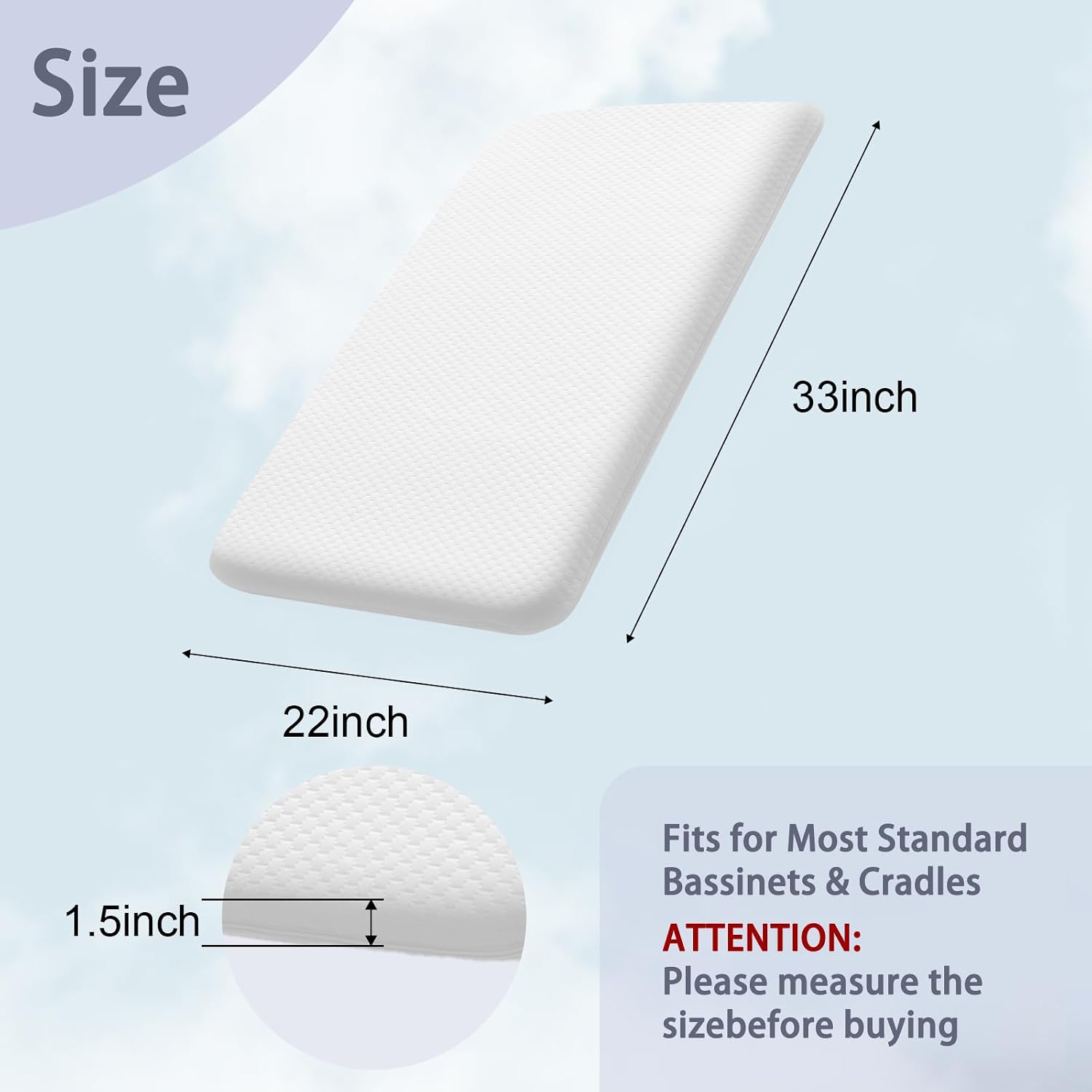 Detalle de Lisara BS-01 Baby Bassinet Mattress, Dual-Sided Foam, Waterproof Cover