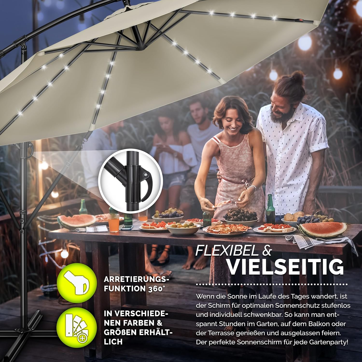 Thumbnail 5 de tillvex Parasol déporté LED solaire hexagonal 3 m avec manivelle (UPF 50+, aluminium)