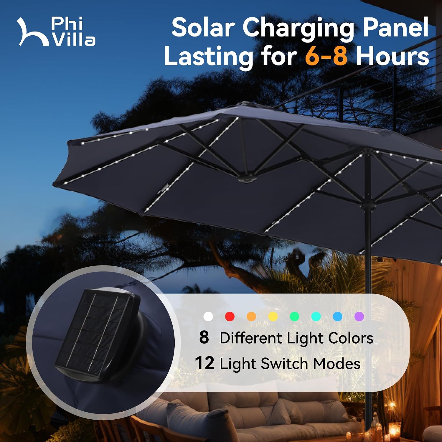 Detalle de PHI VILLA 3.8x2m Garden Parasol Umbrella with Crank for Outdoor Sun Protection