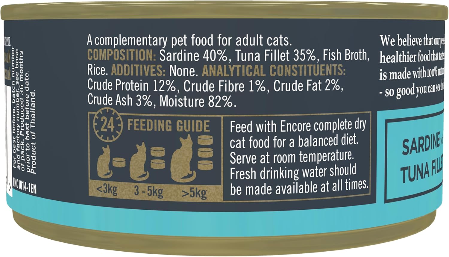 Detalle 2 de Encore Cibo umido naturale per gatti al 100% – Sardine con tonno in brodo, 16 scatole da 70 g