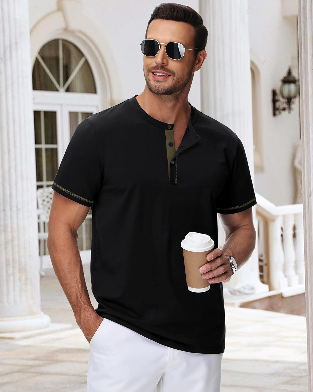 Thumbnail 2 de HMIYA Henley Kurzarm T-Shirt für Herren – Baumwolle, Knopf-Detail, Color-Blocking Ärmeln