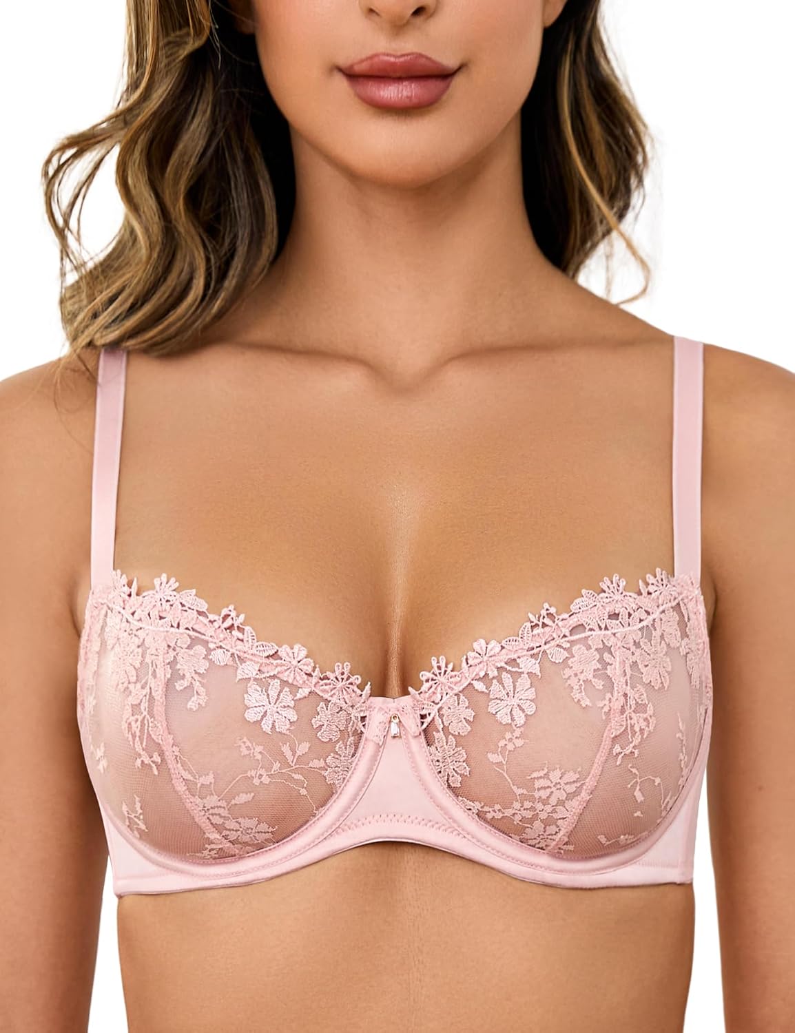 Detalle de Wingslove Women's Lace Demi See-Through Balconette Bra with Convertible Straps